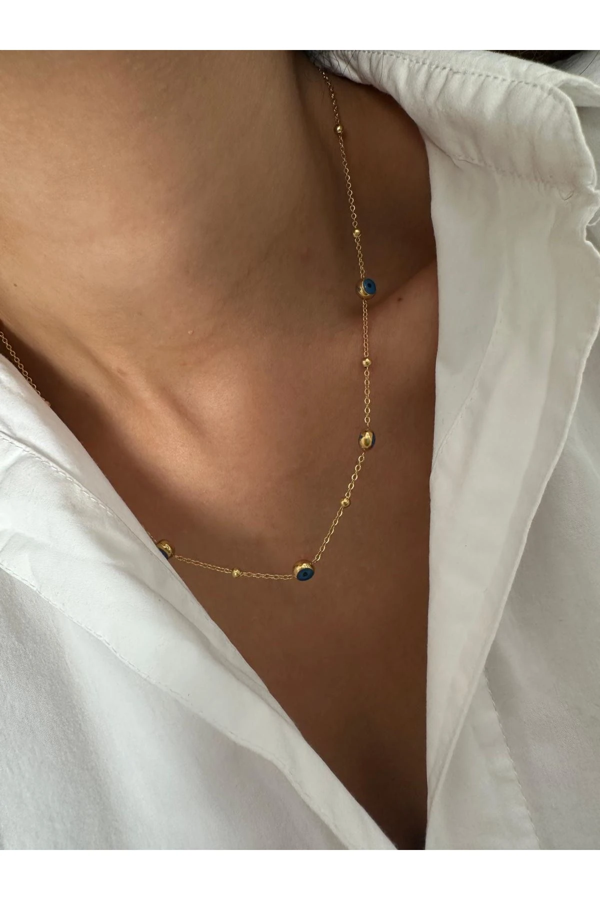 14K Gold Renkli  Minimal Zincir Dorika Topçuklu Nazarlı Kolye