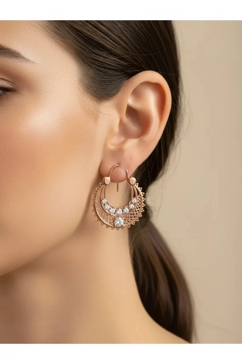 18K Rose Gold Renkli Telgari Taşlı Plaka Küpe