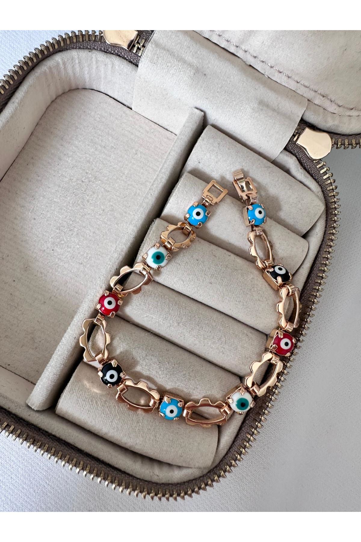 18K Rose Gold Renkli Renkli Nazarlı Çiçek Model Bileklik