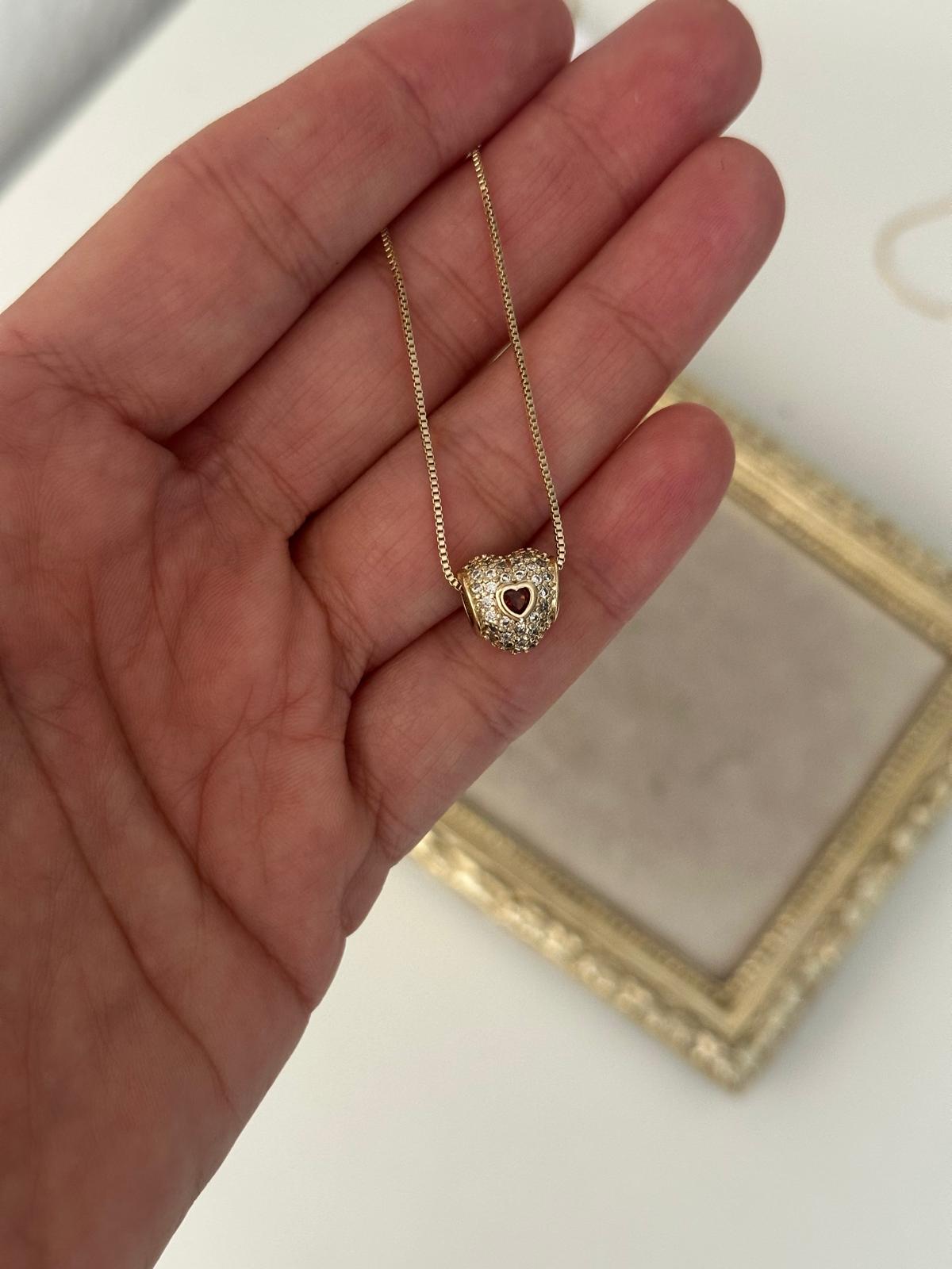 14K Gold Renkli Pndra Kalp Taşlı Ortası Kırmızı Kalpli Küp Zincir Kolye