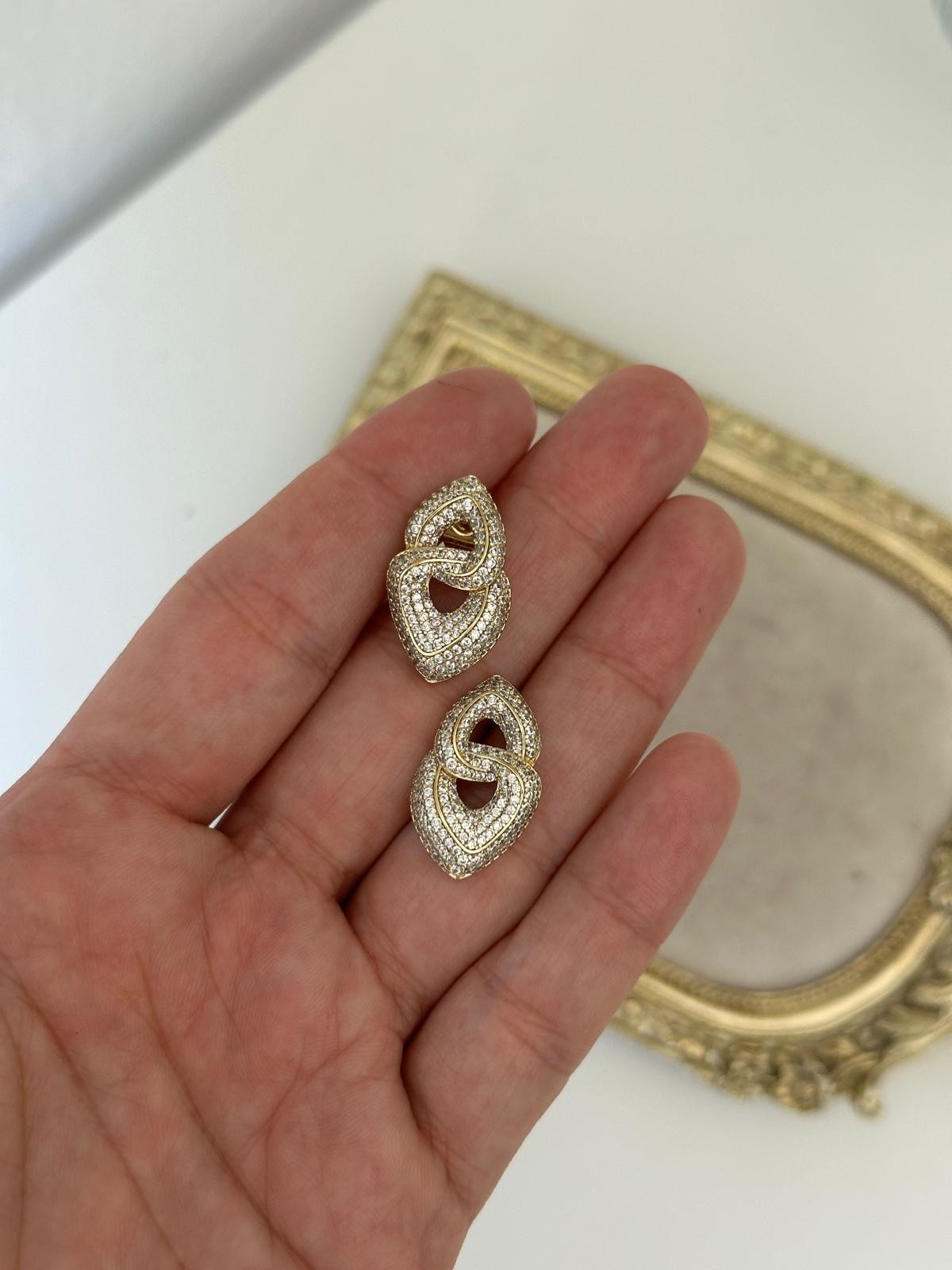 14K Gold Renkli İki Parçalı İç İçe Geçmiş Taşlı Birleşik Küpe