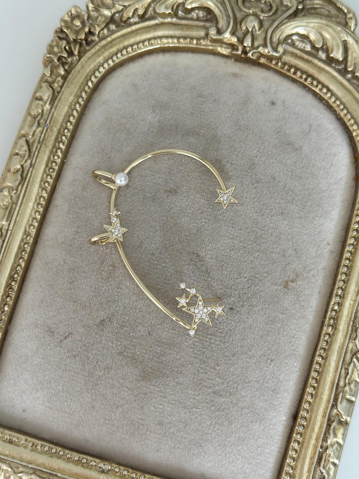 14K Gold Renkli Tasarım Yıldız İnci Kulak Aksesuarı Küpe