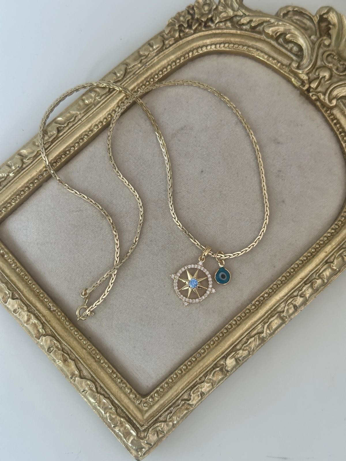 14K Gold Renkli Kutup Yıdızı Maviş Taşlı Nazar Boncuk Figürlü Parlak Zincir Kolye