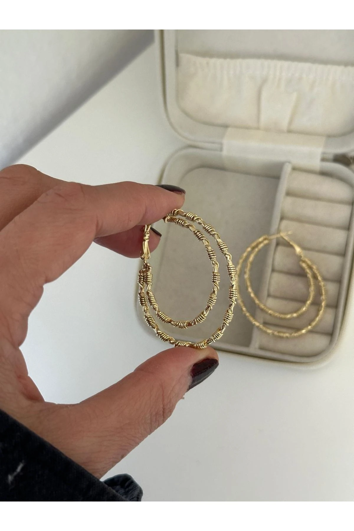 14K Gold Renkli İkili Büyük Tel Varak Oval Kesim Halka Küpe