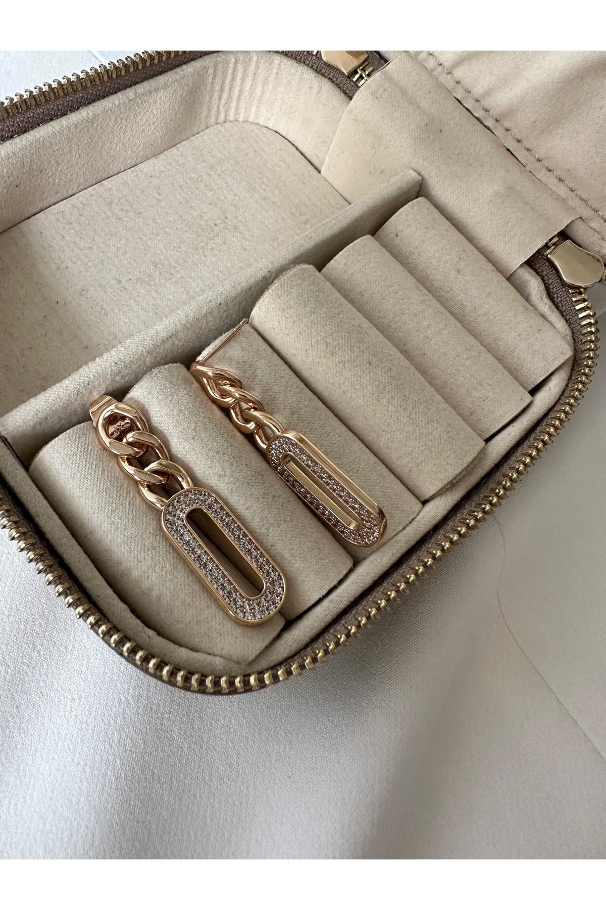 18K Rose Gold Renkli Zincir Model Oval Taşlı Küpe