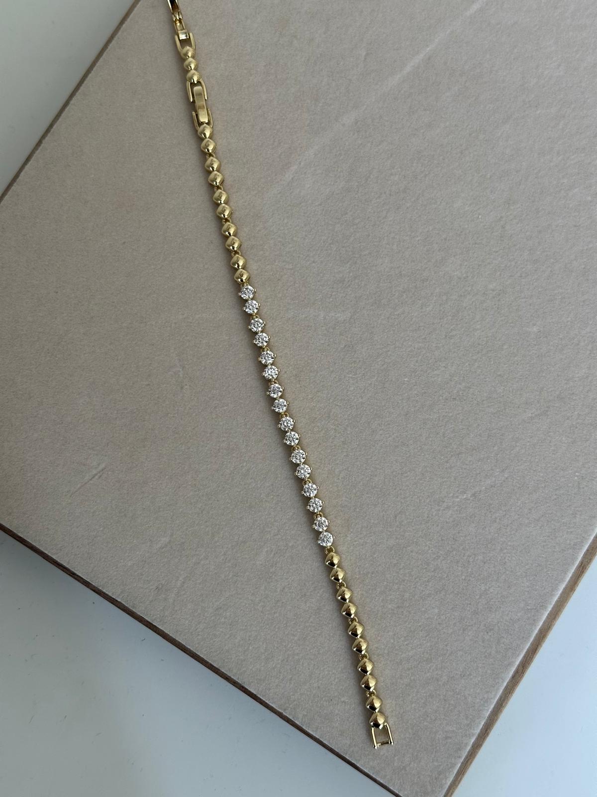 14K Gold Renkli Ortası Su Yolu Taşlı Beşgen Plakalı Bileklik