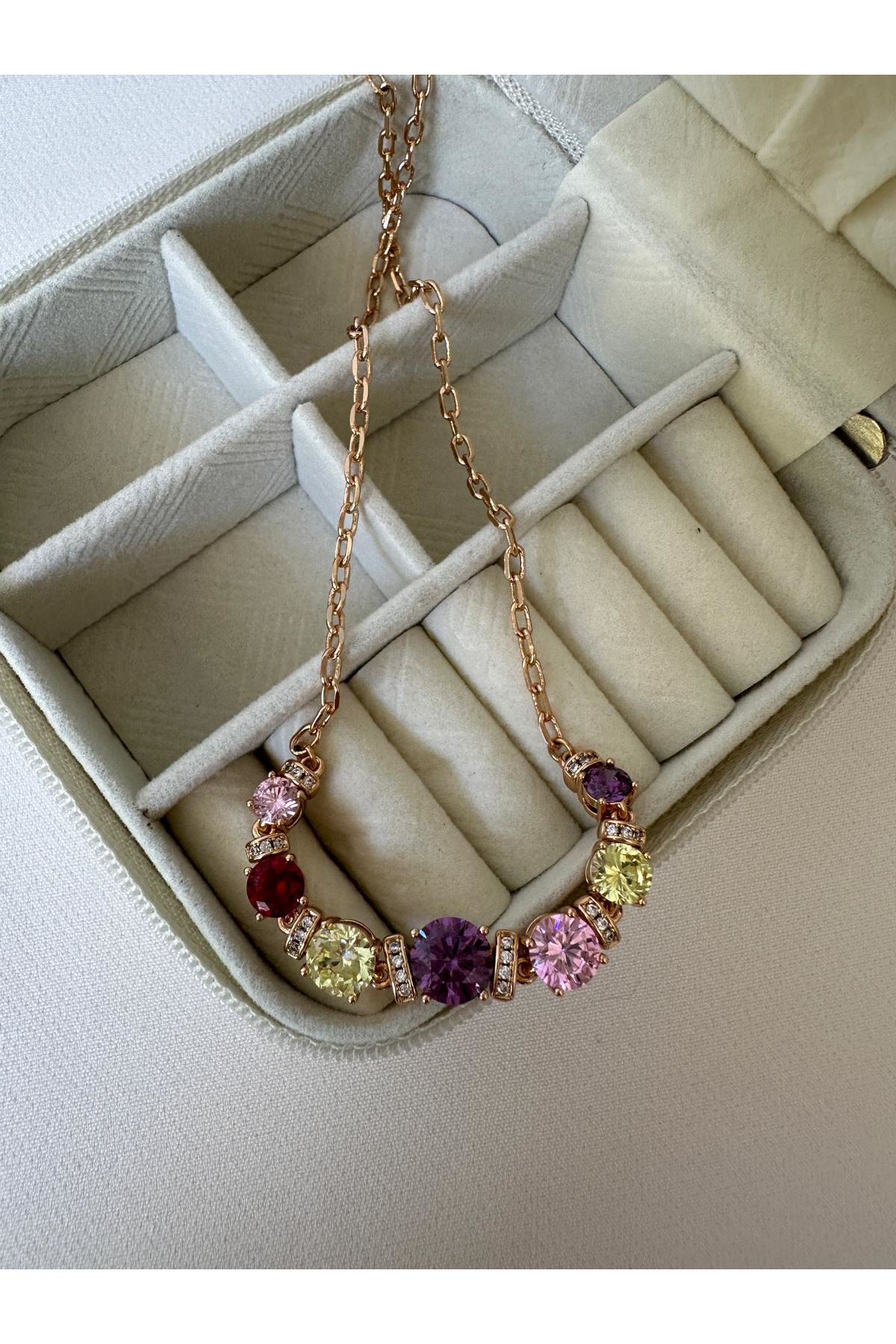 18K Rose Gold Renkli Yuvarlak Kesim Beyaz Taşlı Zincir Kolye