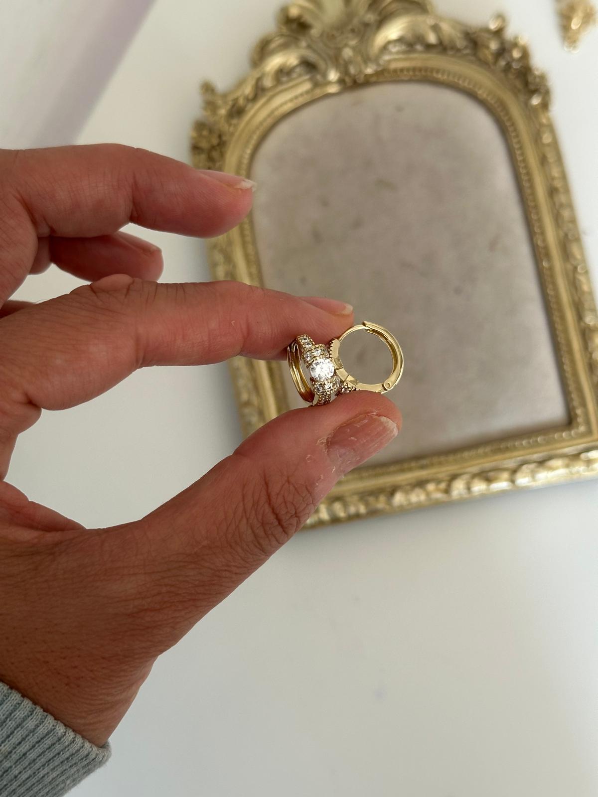 14K Gold Renkli Halka Çift Bombeli Kristal Taşlı Halka Küpe