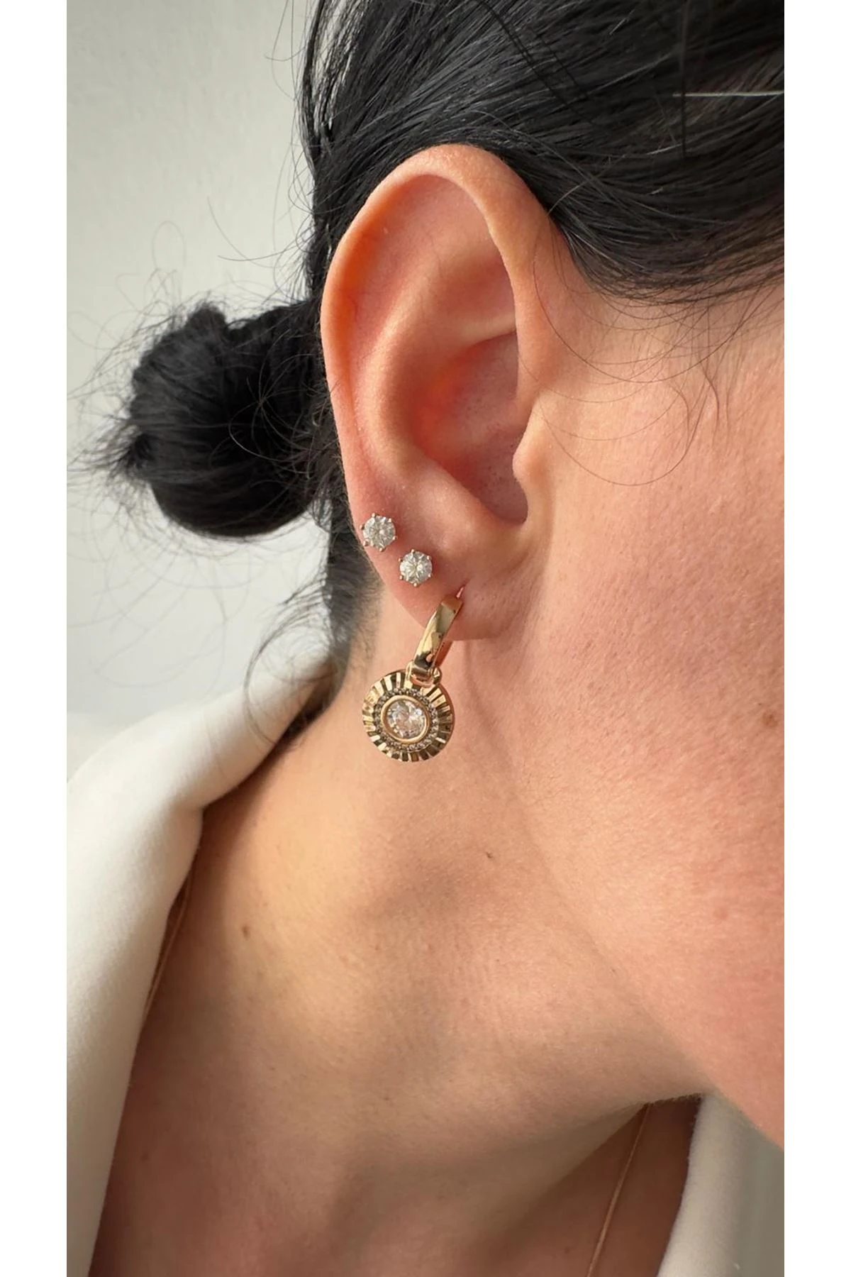 18K Rose Gold Renkli Halka Yuvarlak Uçlu Taşlı Küpe