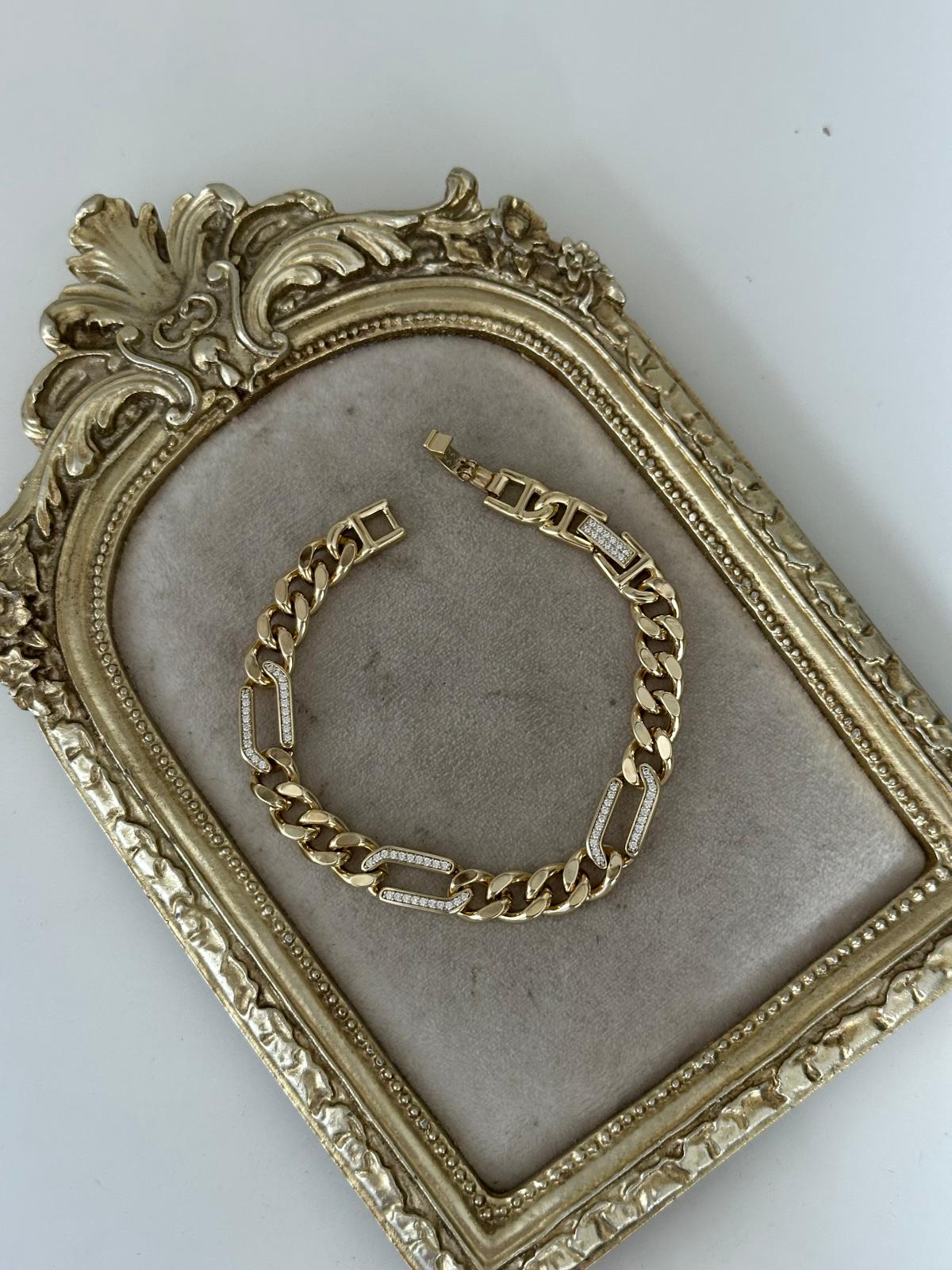 14K Gold Renkli Oval Taşlı Örme Zincir Kilit Yeri Taşlı Lüxüry Bileklik