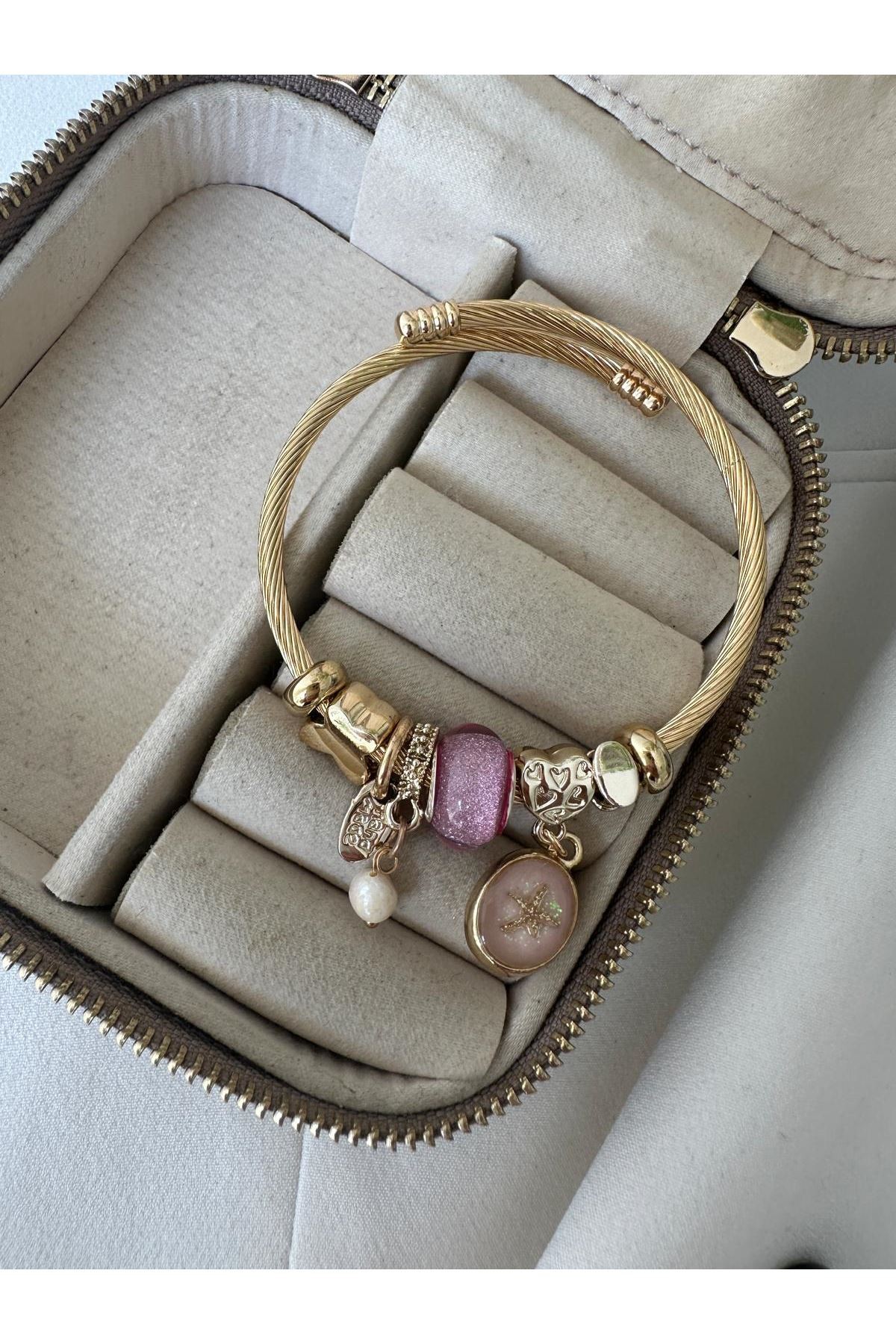18K Rose Gold Renkli Pembe Deniz Yıldızlı Bol Charmlı Pandora Bileklik