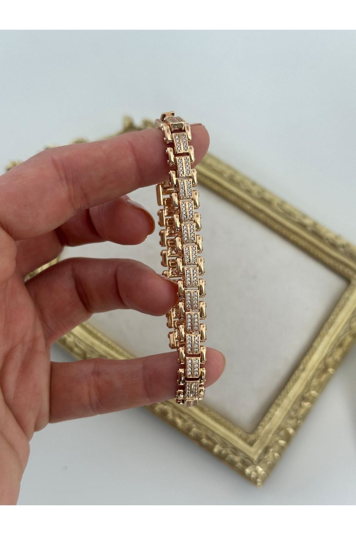 18K Rose Gold Renkli Orjmark Model Ortası Çift Sıra Taşlı Bileklik