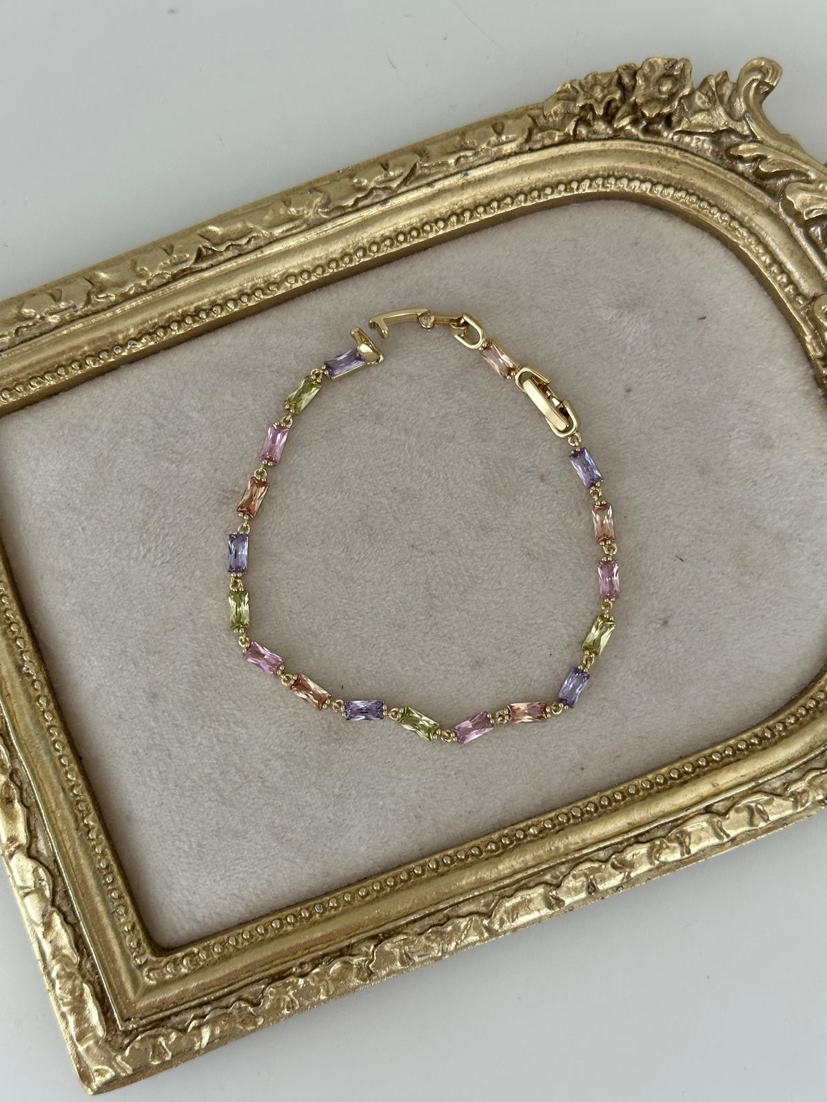 14K Gold Renkli Rengarek Baget Dikdörtgen Minimal Taşlı Bileklik