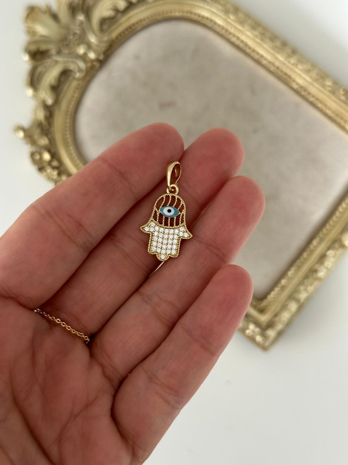 14K Gold Renkli Fatma Ana Eli Nazarlı Kolye Ucu