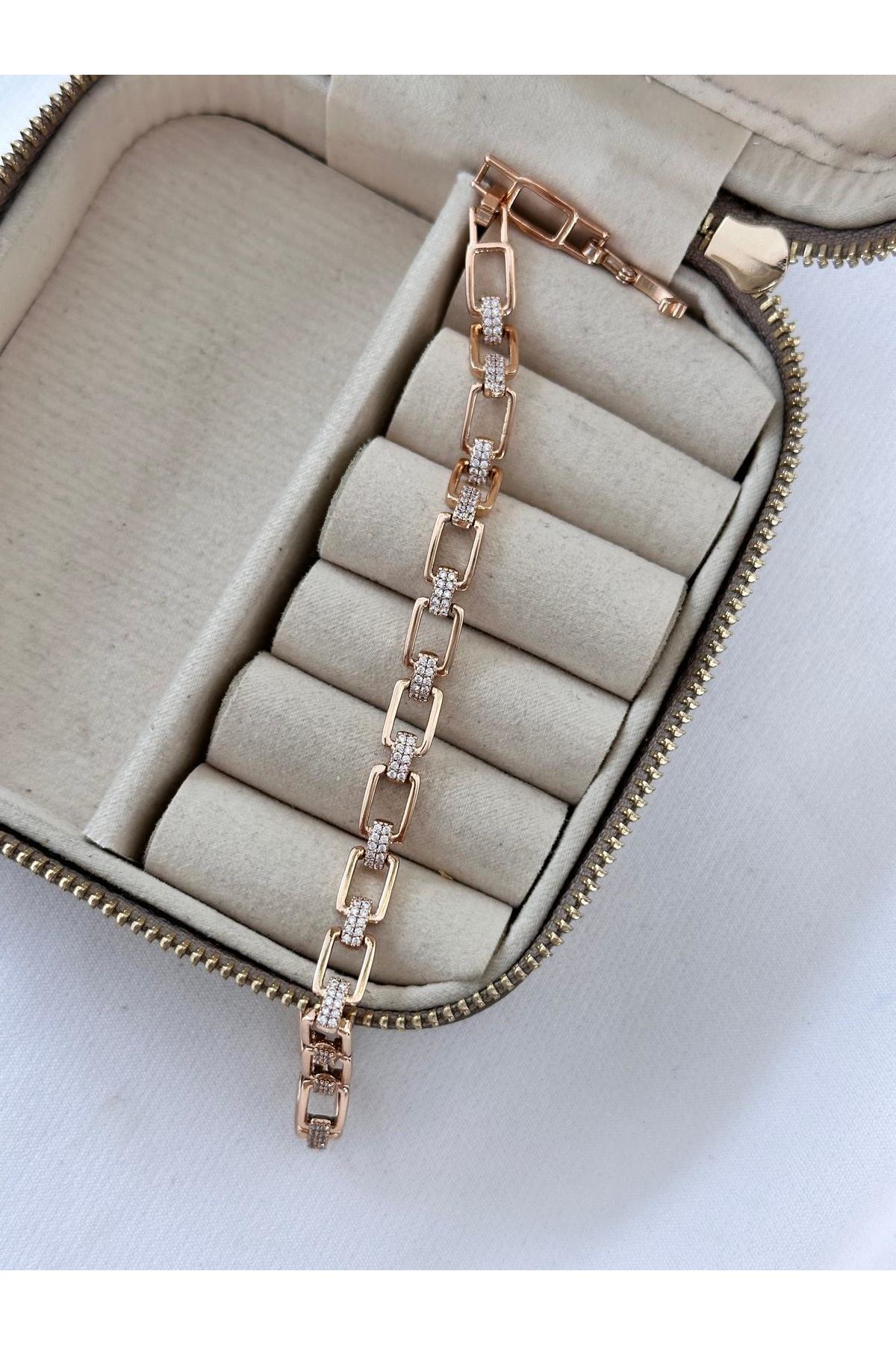 18K Rose Gold Renkli Dikdörtgen Taşlı Luxury Seri Bileklik