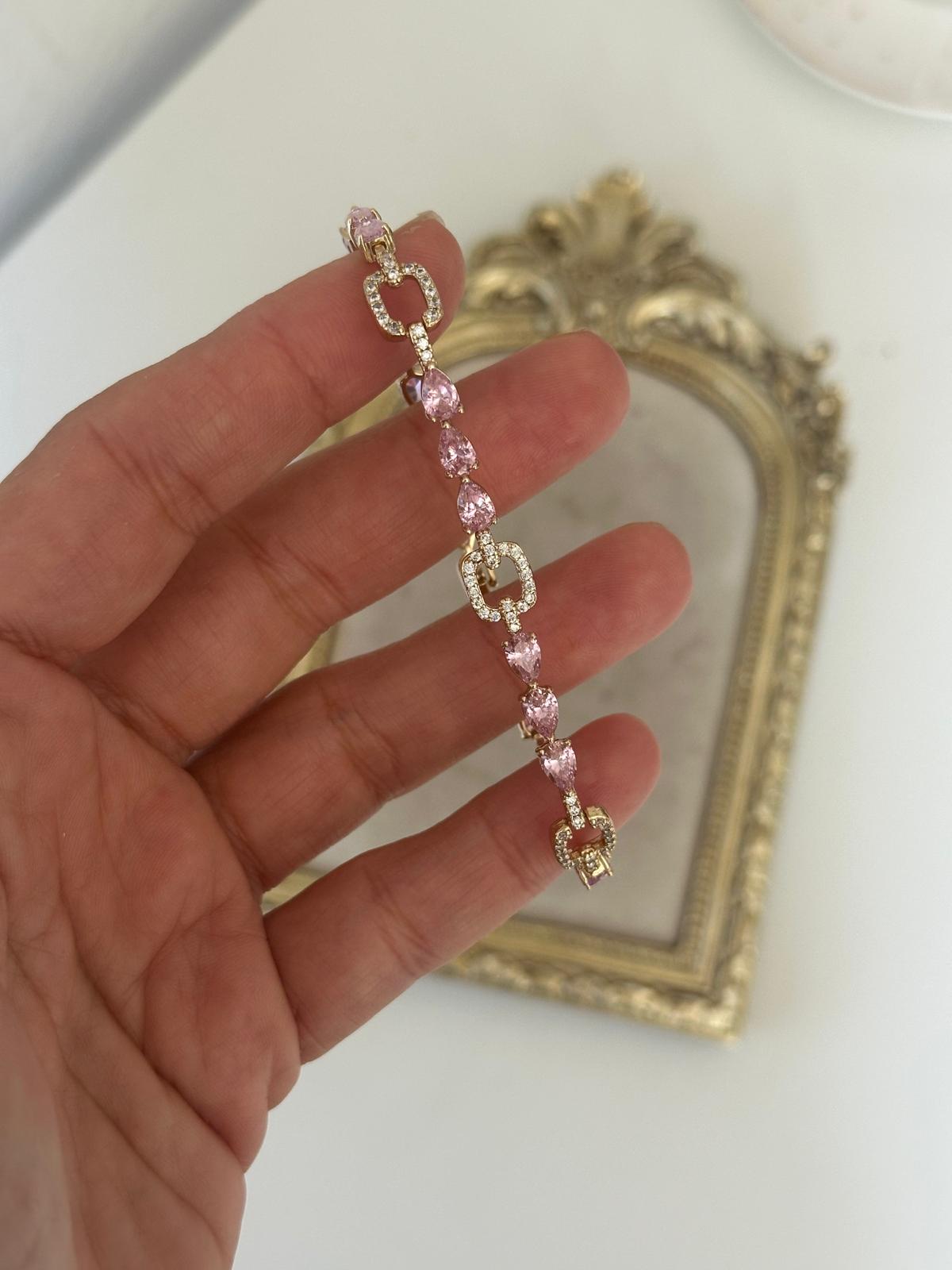 14K Gold Renkli Damla Kare Taşlı Birleşik Pembe Bileklik