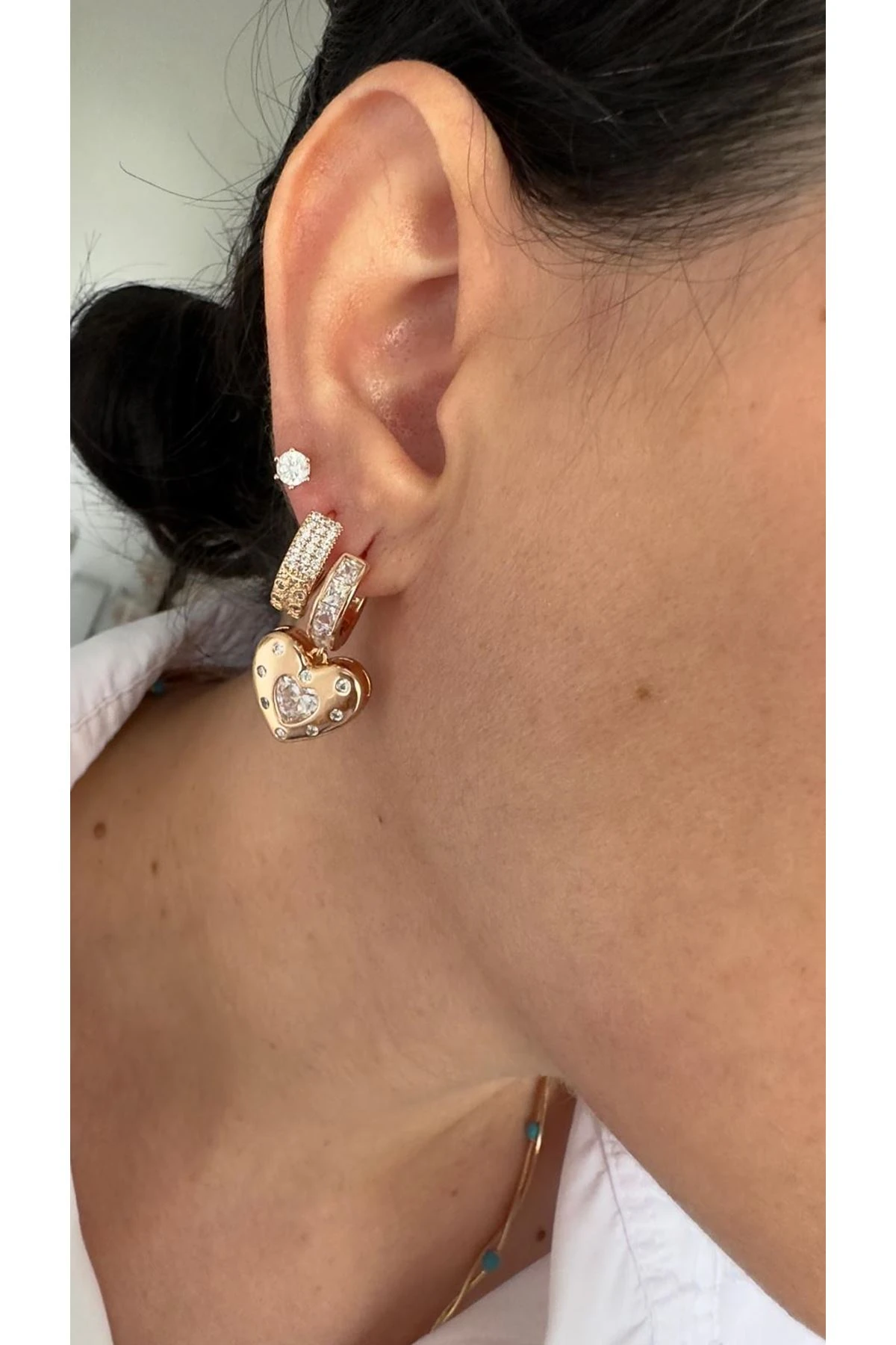 18K Rose Gold Renkli Kalp Halka Dolum Full Taşlı Küpe