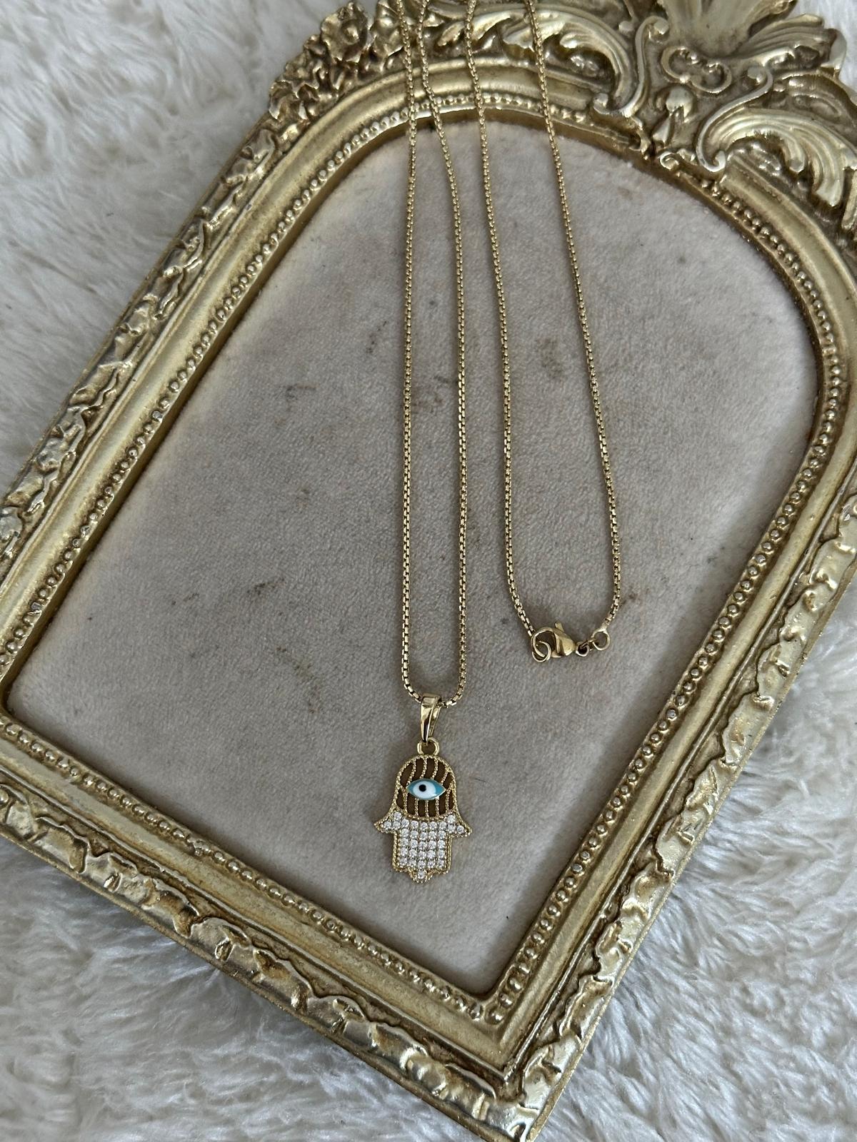 14K Gold Renkli Fatma Ana Eli Küp Zincir Kolye