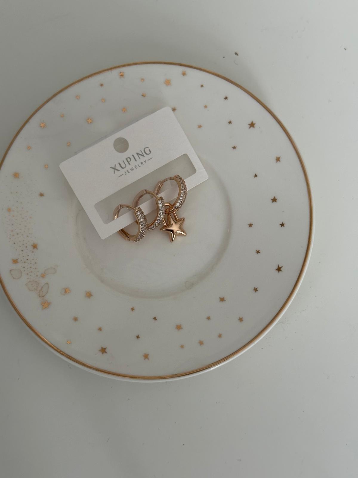 18K Rose Gold Üçlü Montür Taşlı Yıldız Figürlü Set Küpe