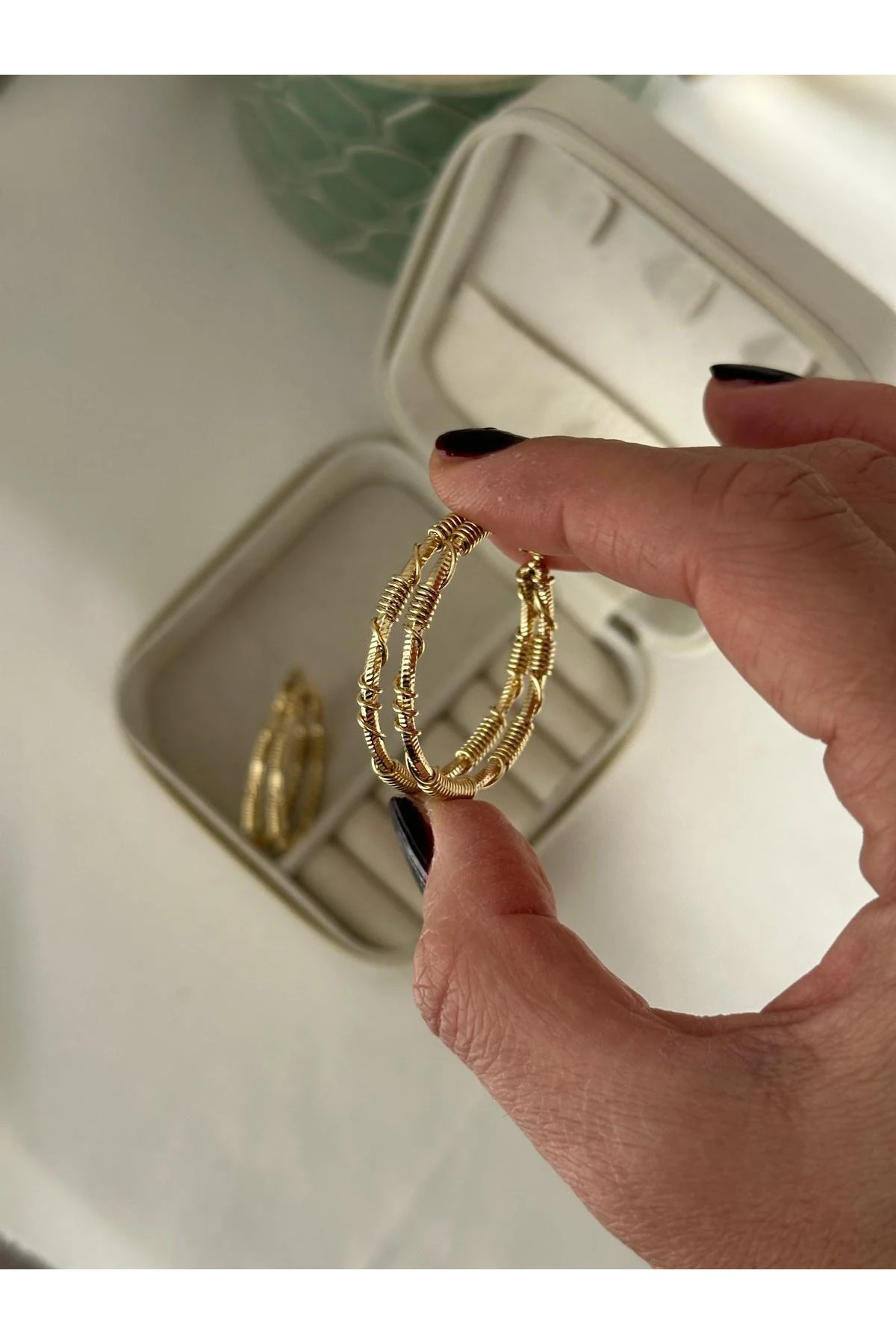 14K Gold Renkli  İkili Tel Kesim Büyük Halka Küpe