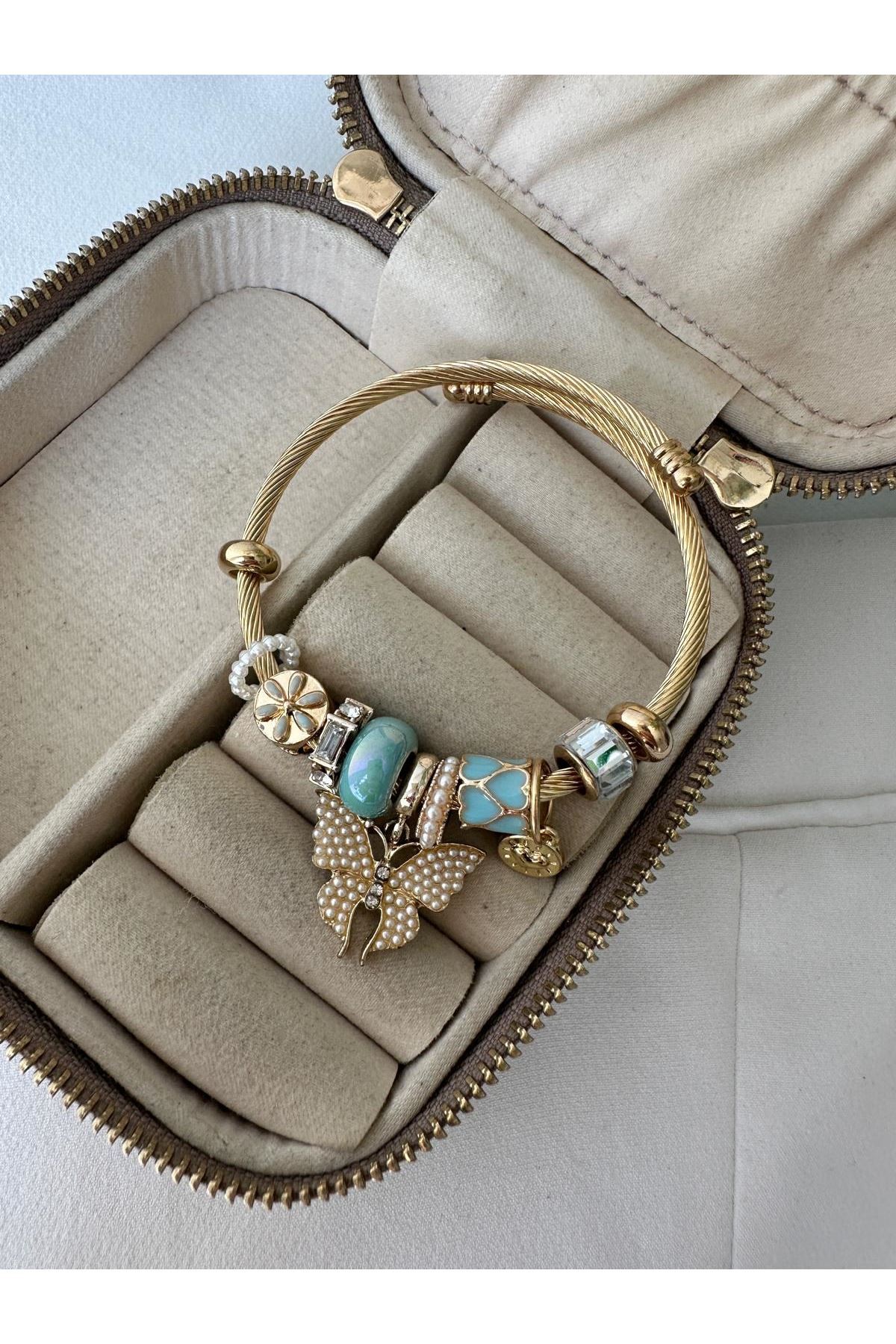 18K Rose Gold Renkli Kelebek İncili Mint Yeşili Bol Charmlı Pandora Bileklil