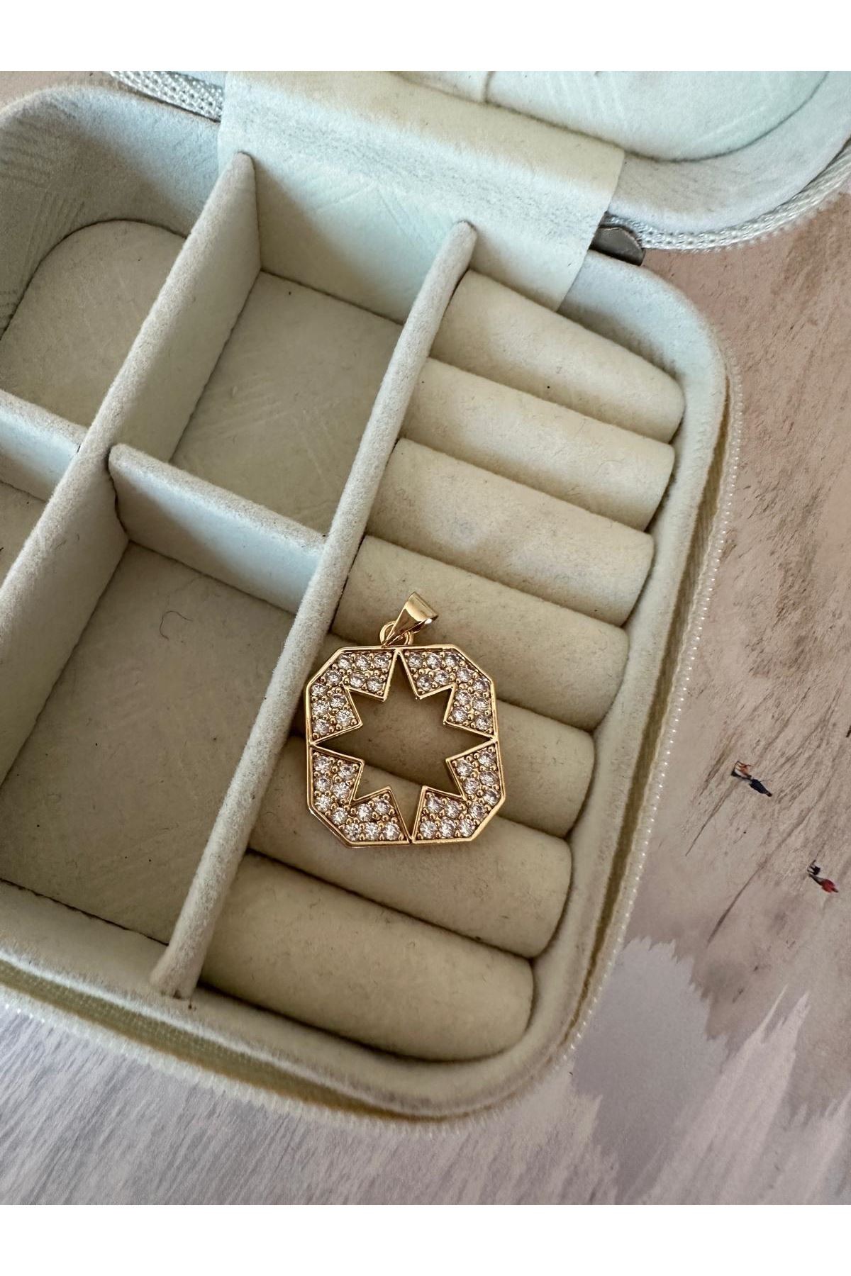 18K Rose Gold Renkli Kare İçi Yıldız Taşlı Kolye Ucu