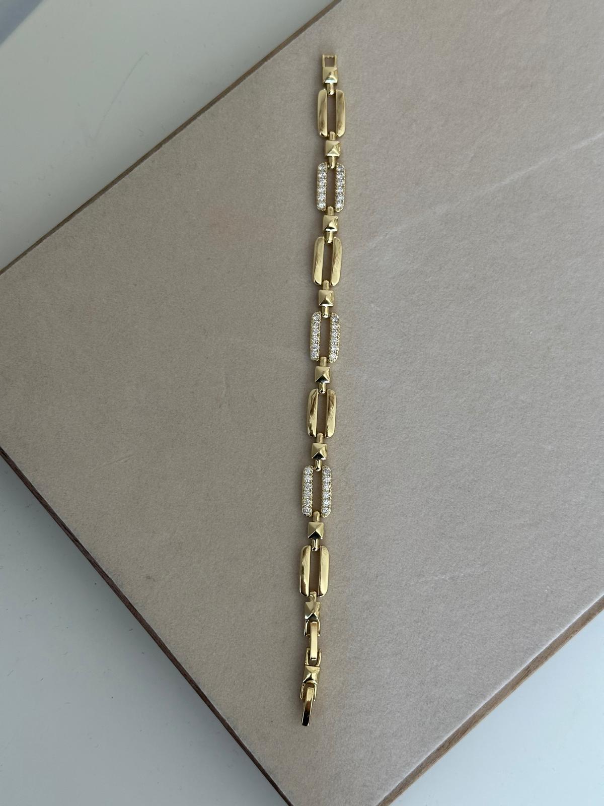 14K Gold Renkli Dikdörtgen Plaka Taşlı Kesim Kuyum Bileklik