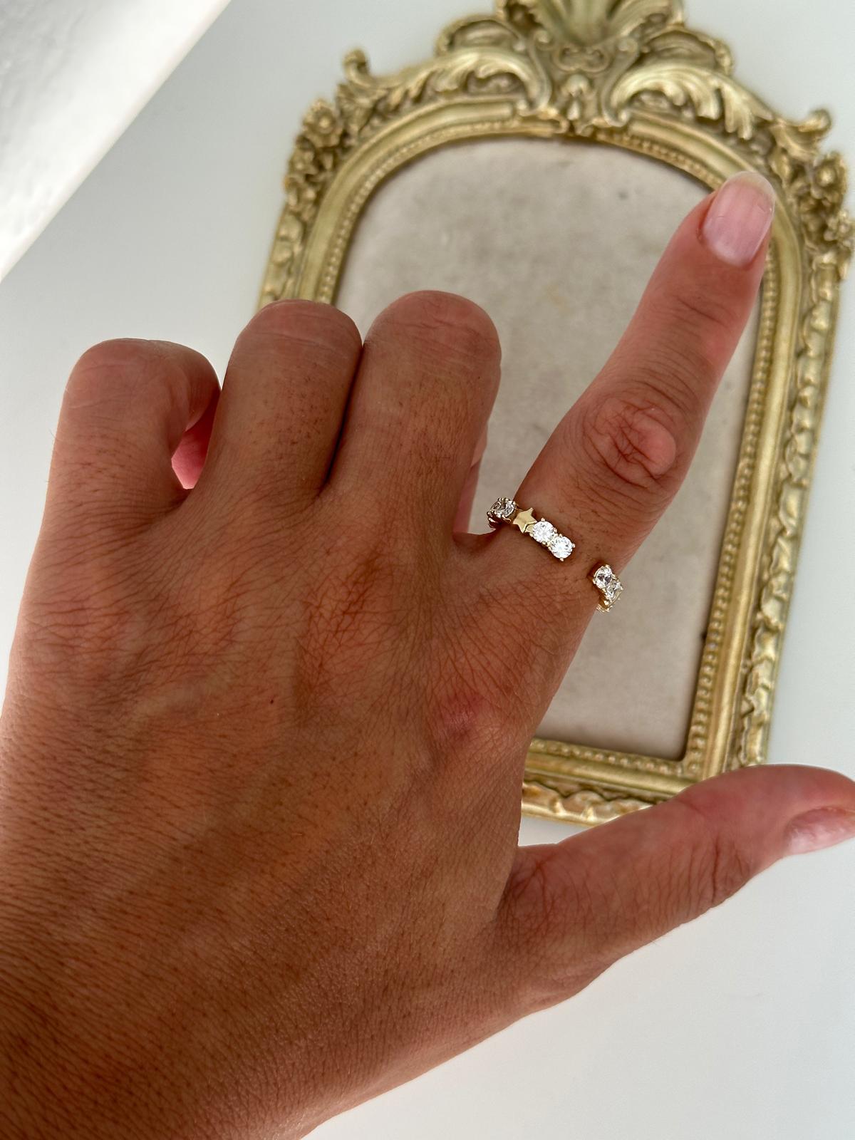 14K Gold Renkli Önden Ayarlanabilir Su Yolu Ara Yıldız Plaka Figürlü Yüzük