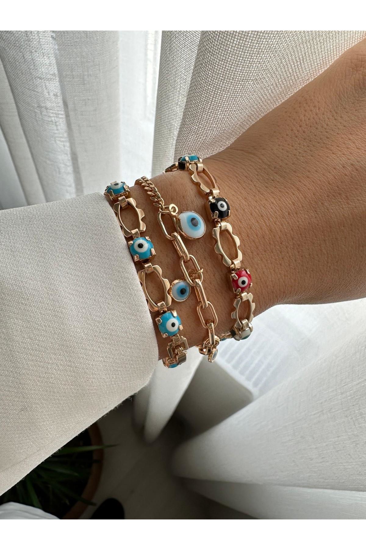 18K Rose Gold Renkli Nazarlı Maviş Çiçek Formlu Bileklik