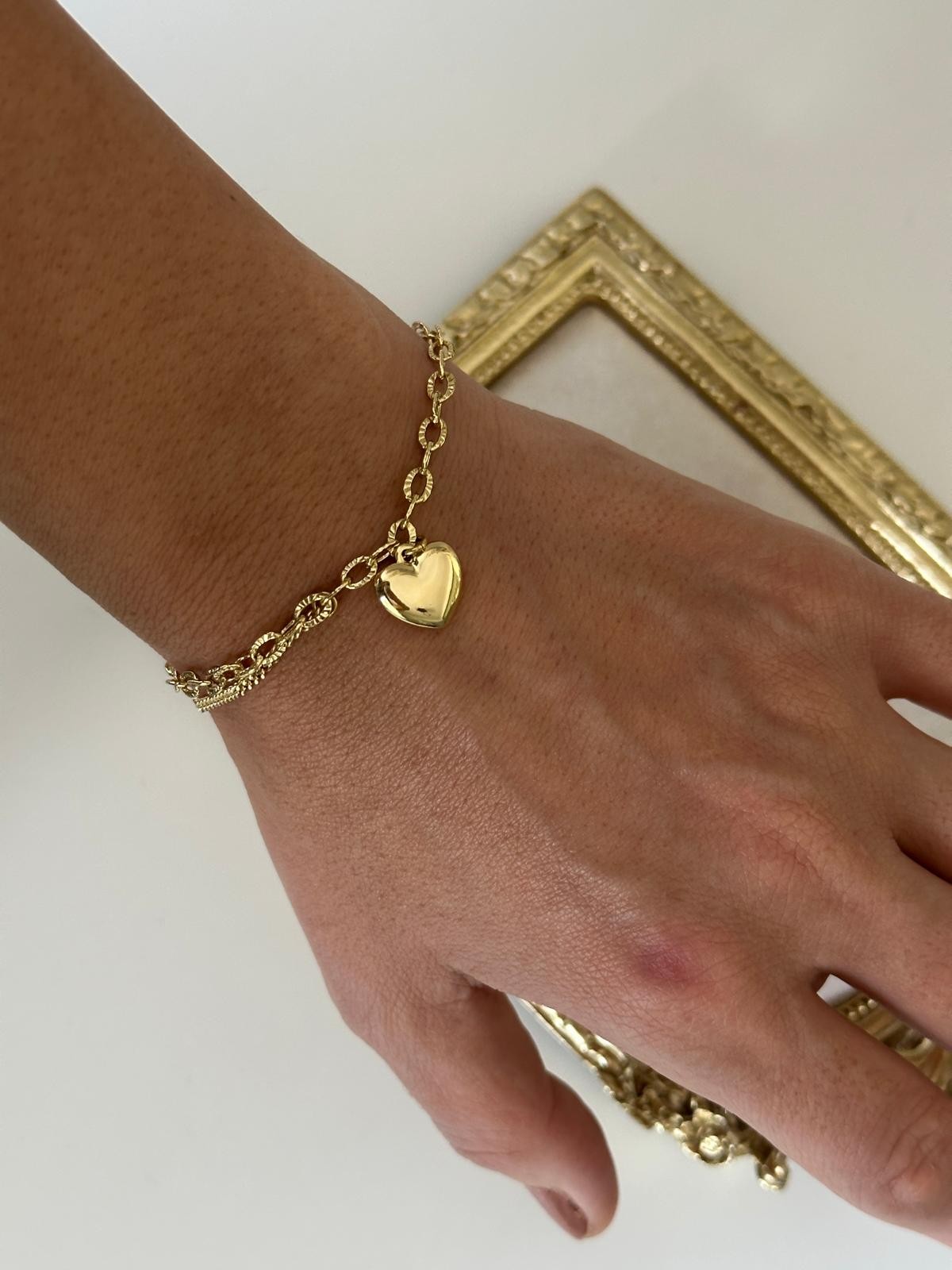 14K Gold Renkli Kalp Dolum Oval Geçmeli İkili Zincir Bileklik