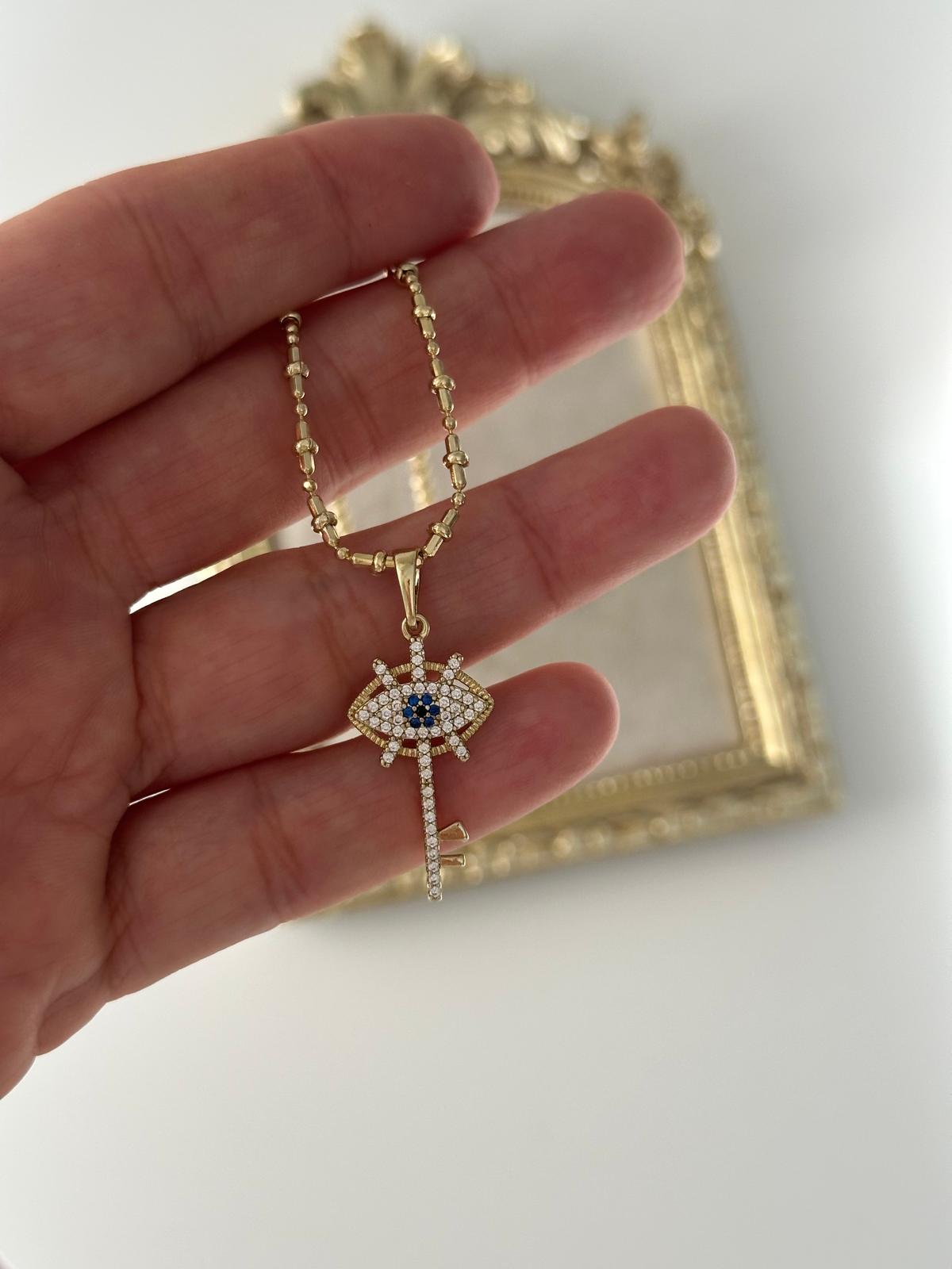 14K Gold Renkli Mantar Topçuk Zincir Göz Nazar Anahtarlı Kolye