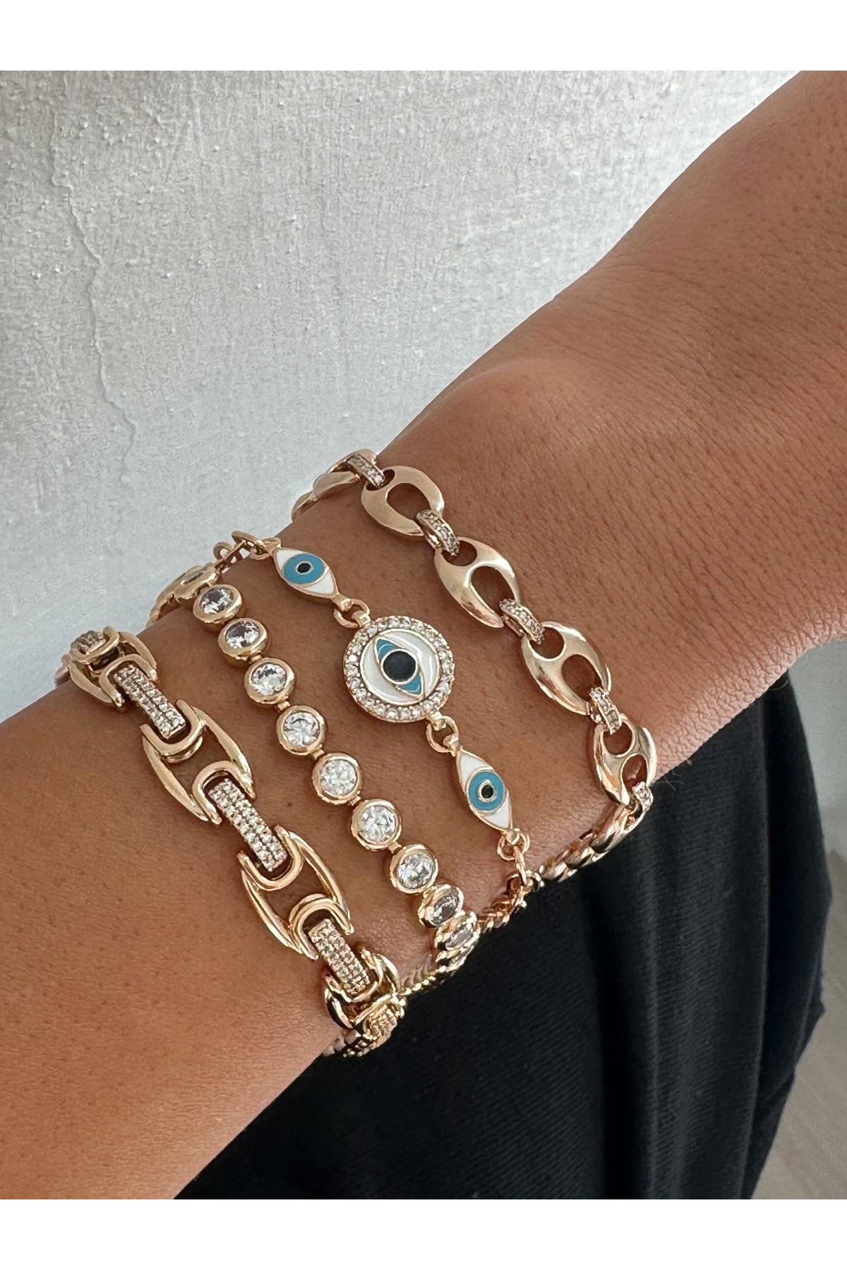 18K Rose Gold Renkli Nazarlı Ataç Zincirli Bileklik