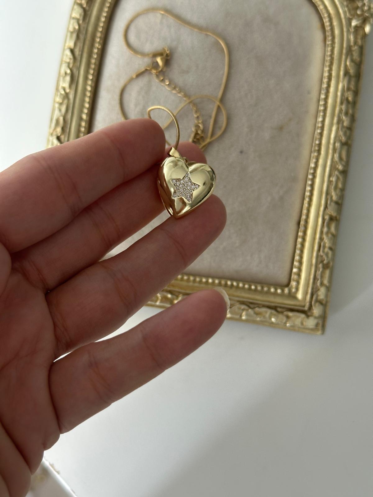 14K Gold Renkli Kalp Dolum Yıldız Taşlı Açılabilir Kolye