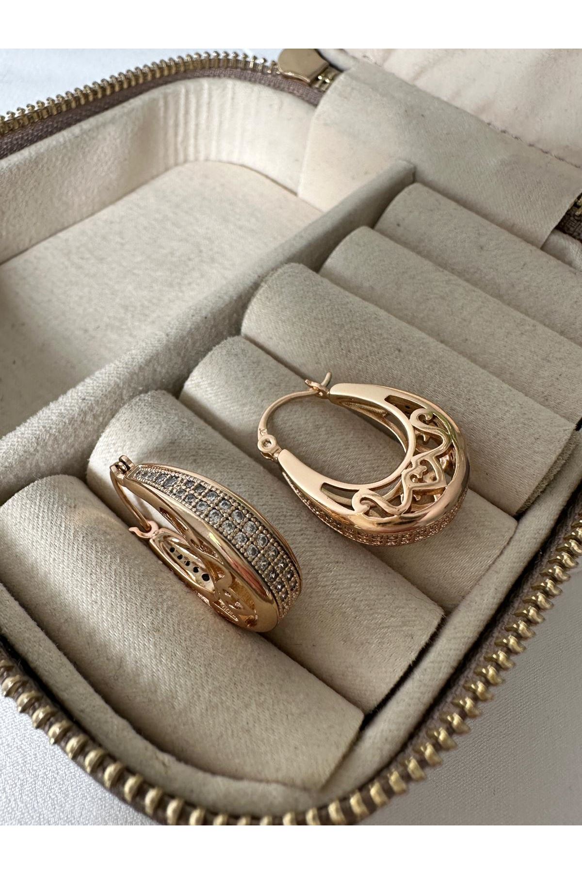 18K Rose Gold Renkli Çanta Model Desenli Önü Arkası Beyaz Taşlı Küpe