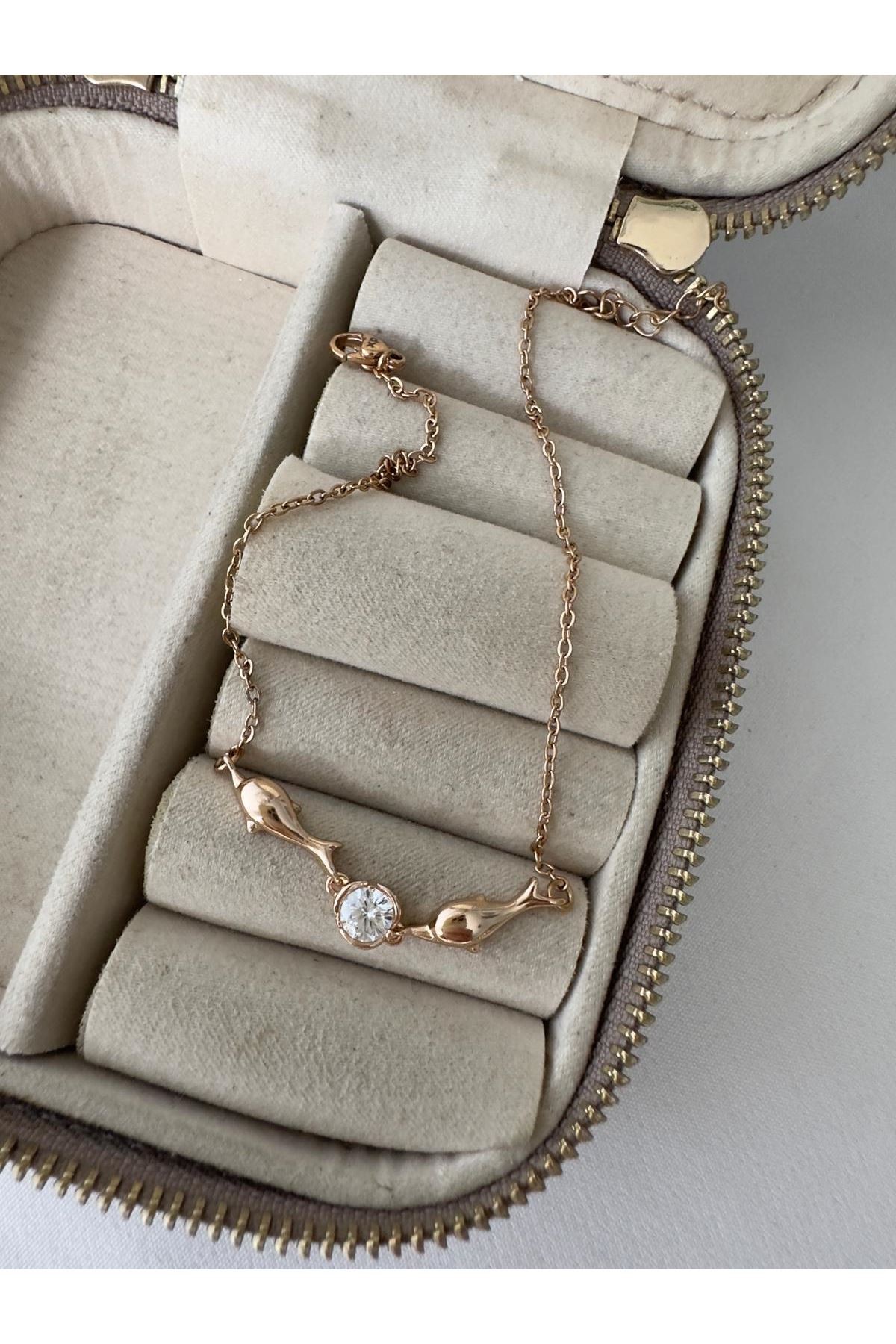 18K Rose Gold Renkli İkili Balık Taşlı Şans Halhalı