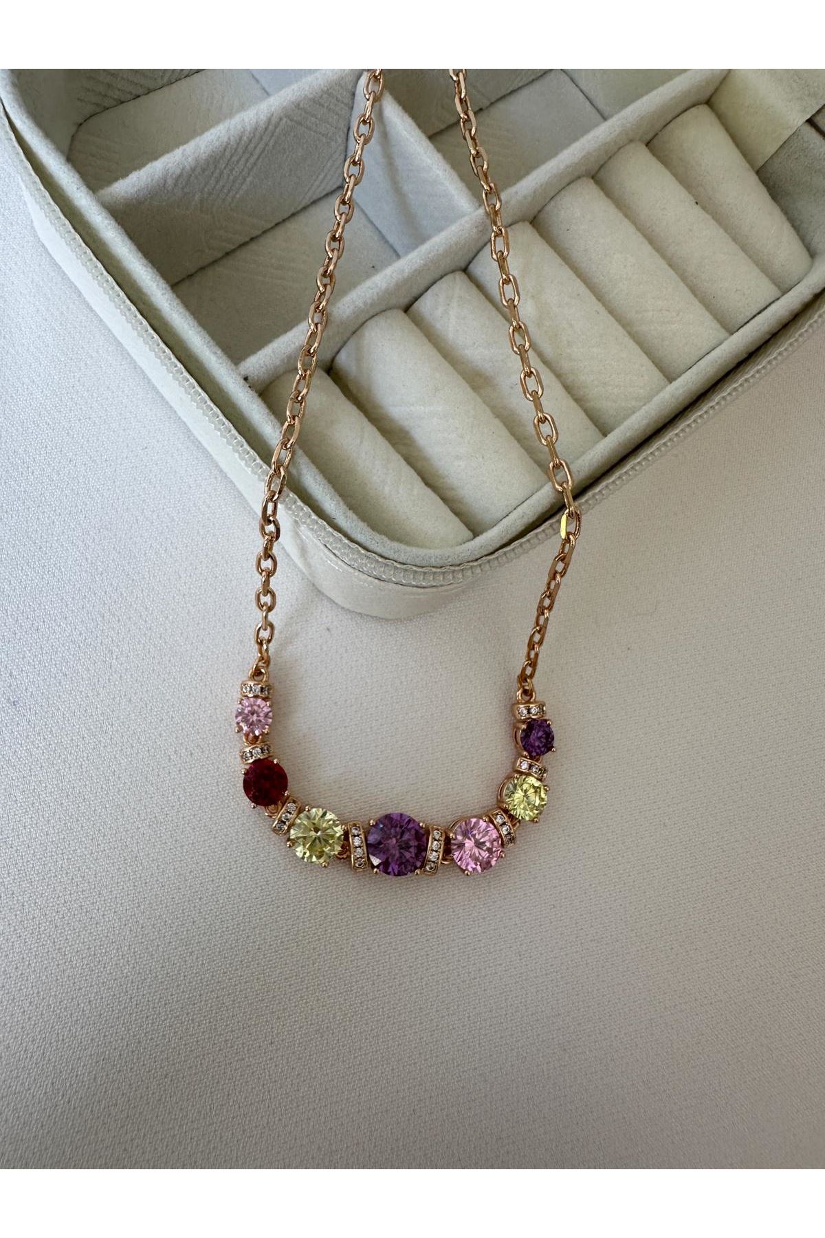 18K Rose Gold Renkli Yuvarlak Kesim Beyaz Taşlı Zincir Kolye