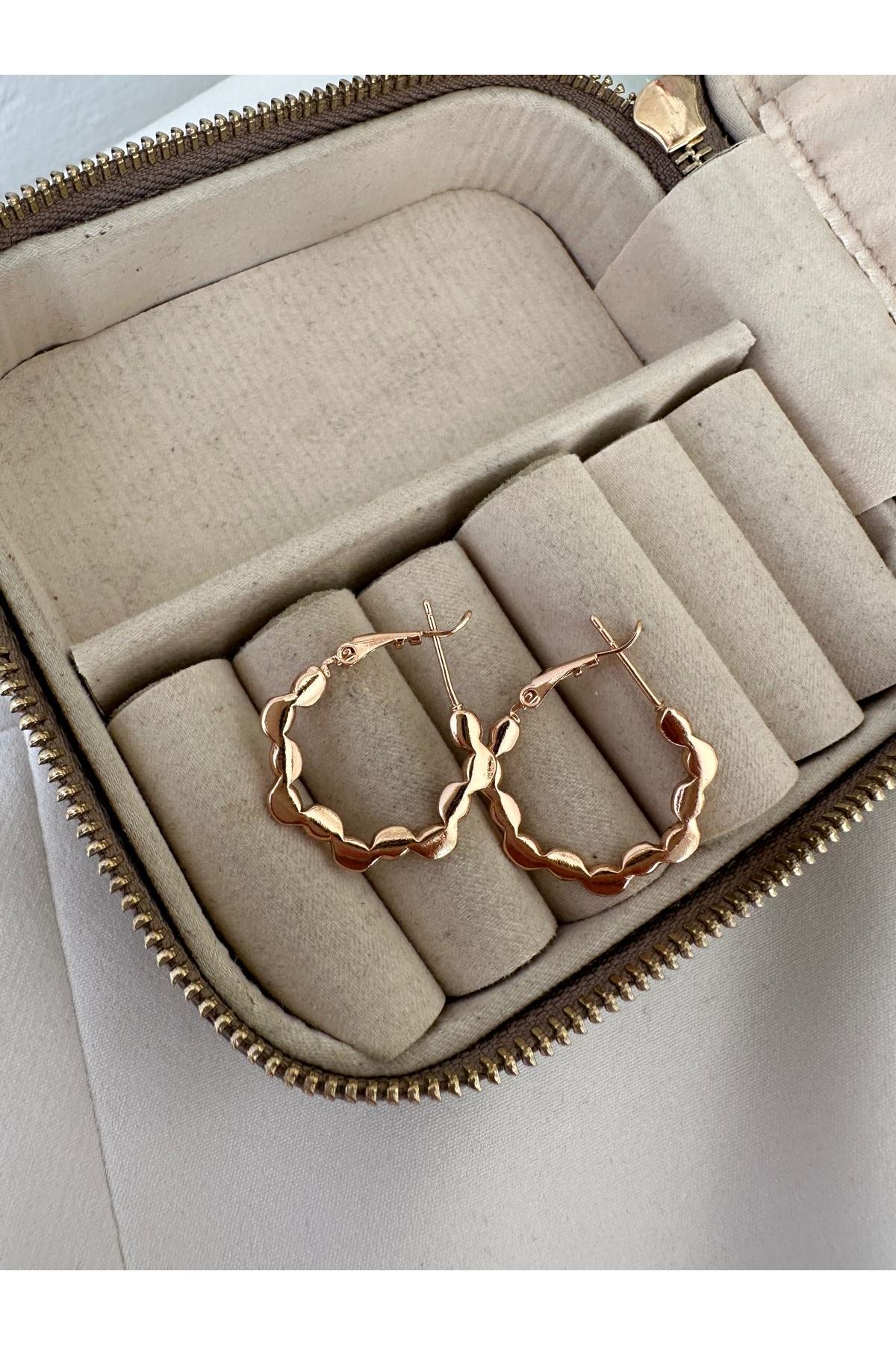 18K Rose Gold Renkli Halka Plaka Pul Formlu Küpe