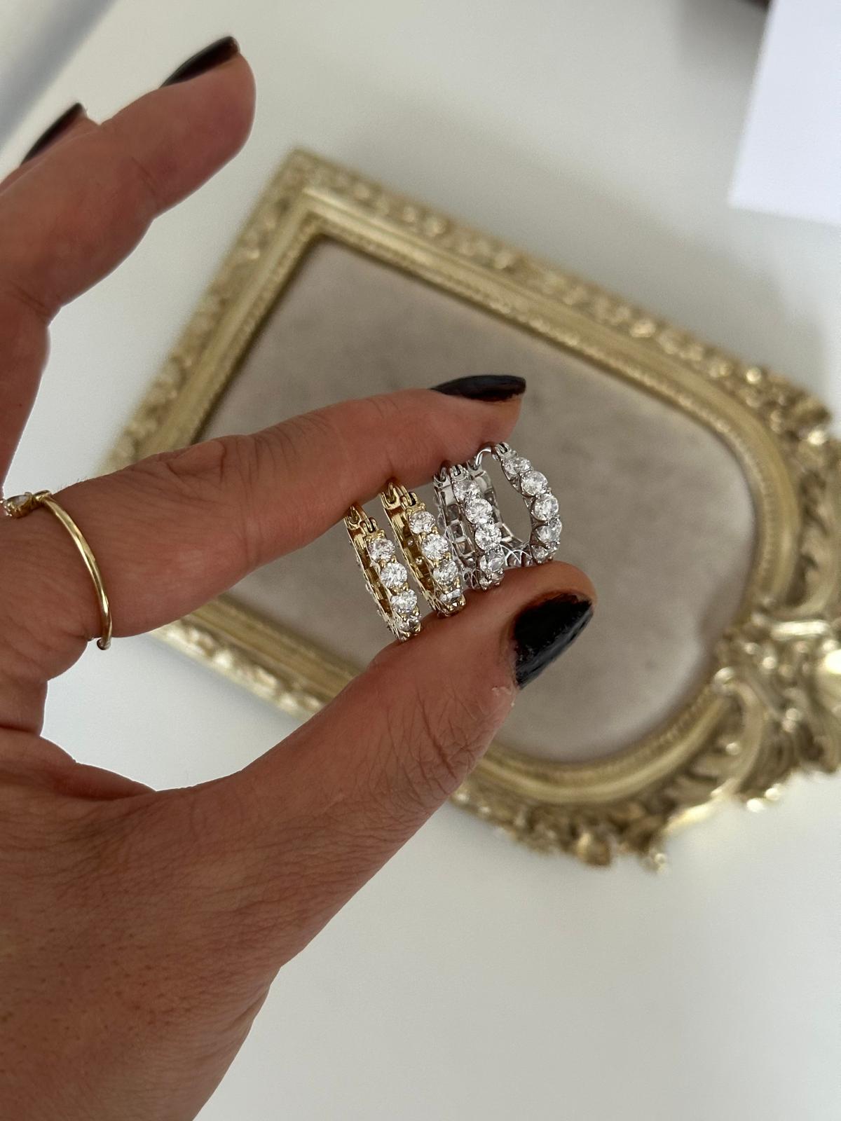 14K Gold- Gümüş Renkli Elmas Taşlı Tam Tur Halka Küpe