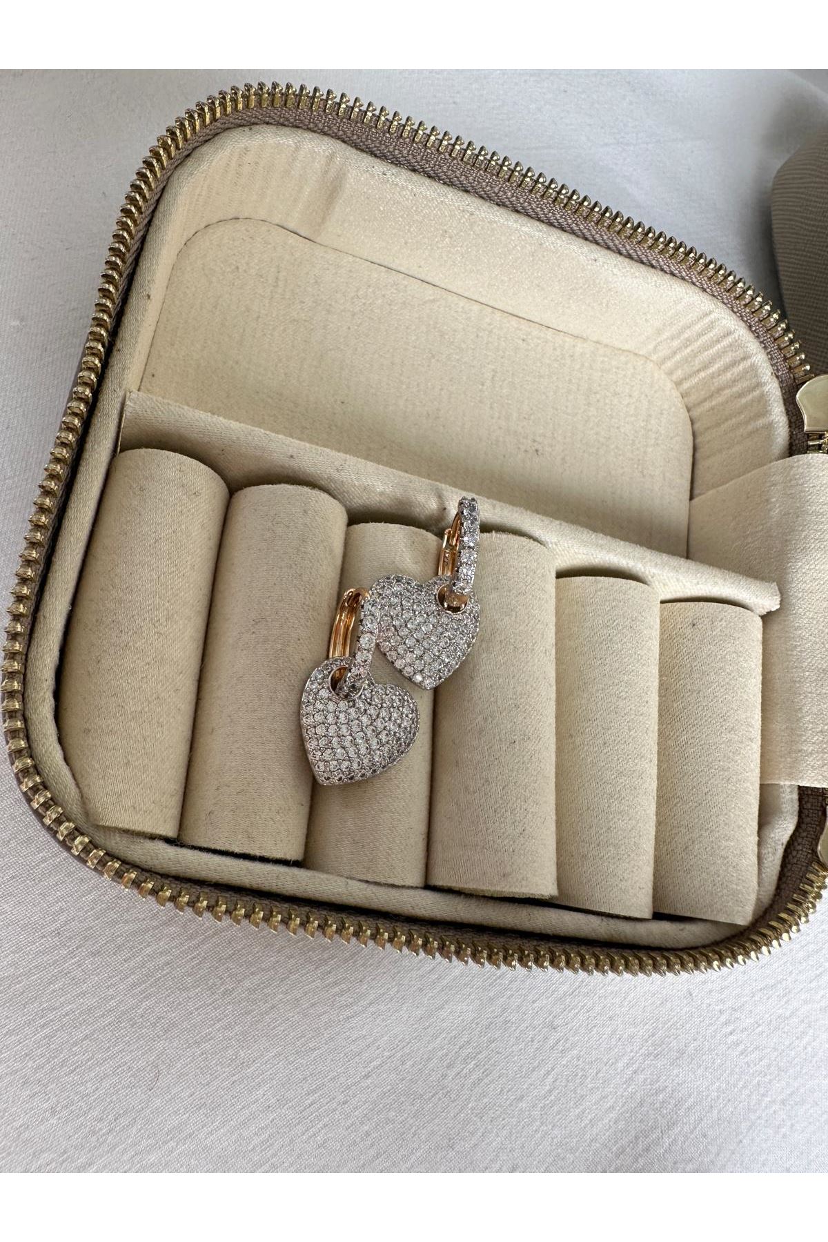 18K Rose Gold Renkli Kalp Halka Full Taşlı Küpe