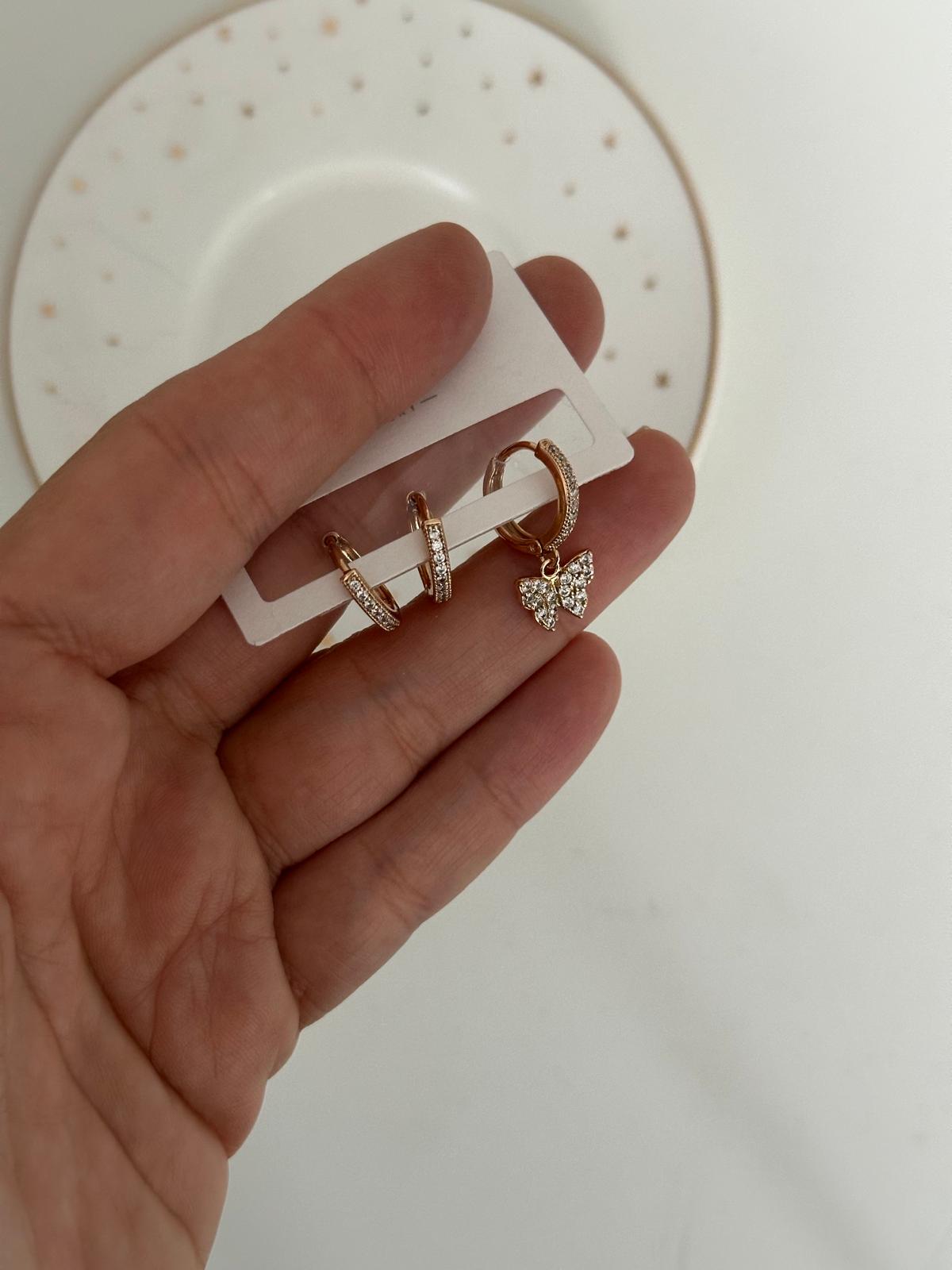 18K Rose Gold Üçlü Halka Kelebek Figürlü Set Küpe