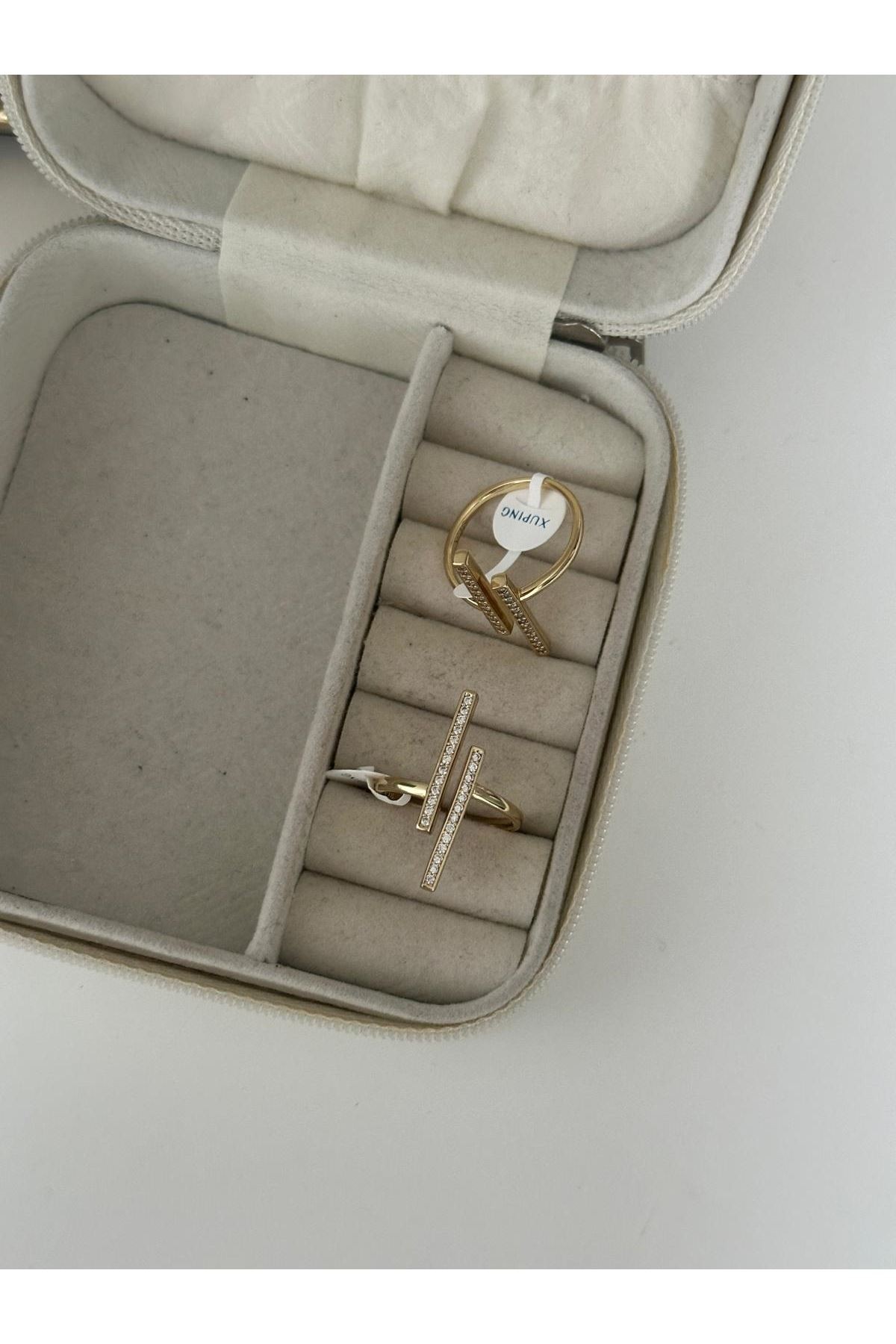 14K Gold Renkli İki İnce Çizgi Taşlı Önden Ayarlanabilir Yüzük No 18,19