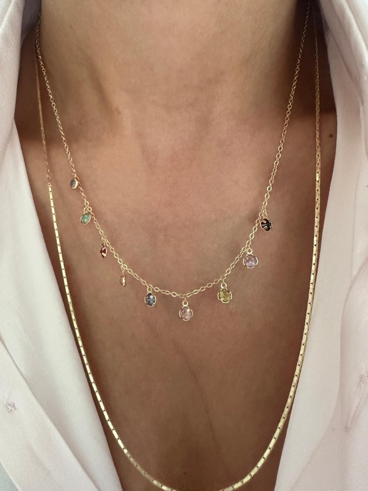 14K Gold Renkli Rengarenk Taşlı Sarkık Kolye