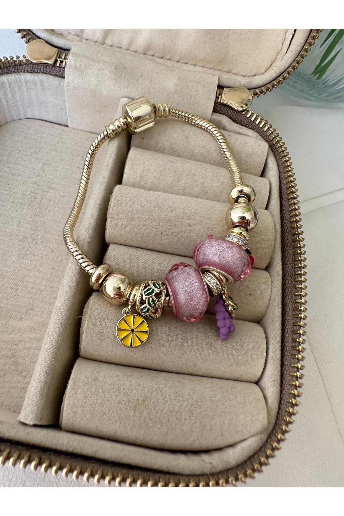 18K Rose Gold Renkli Mor Oval Topçuklu Bol Charmlı Pandora Bileklik