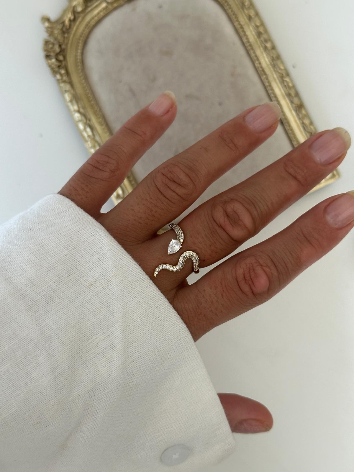 14K Gold Renkli Yılan Taşlı Önden Ayarlanabilir Modern Yüzük