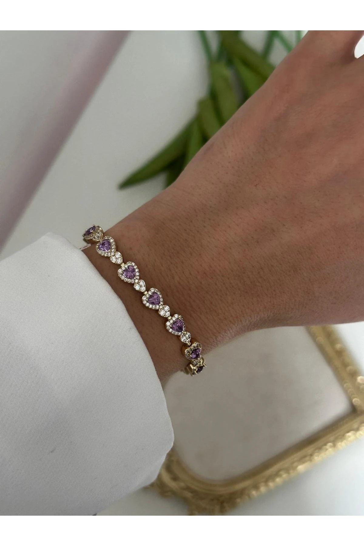 14K Gold Renkli Kalp Mor Taşlı Bileklik