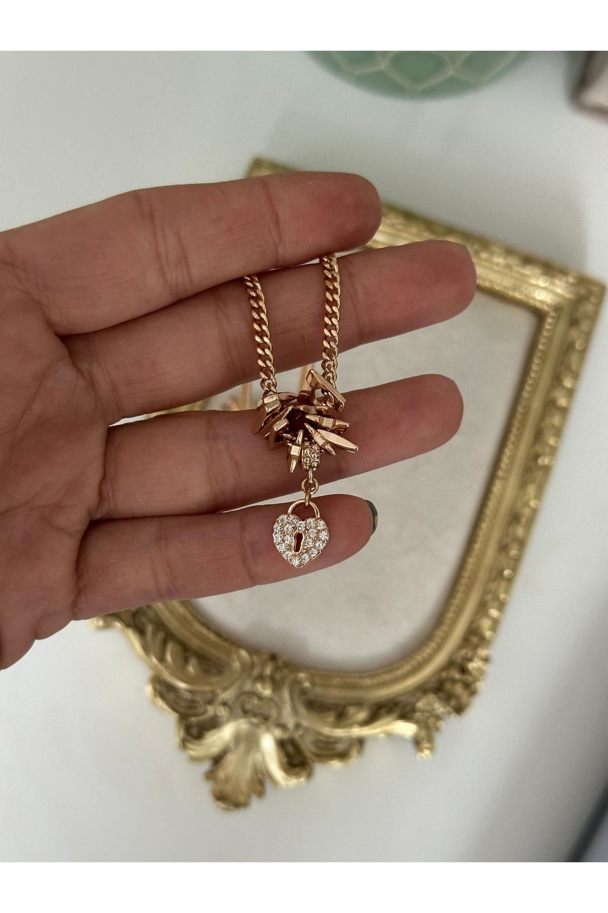 18K Rose Gold Renkli Tasarım Basıc Parlak Zincir Kalp Taşlı Kolye