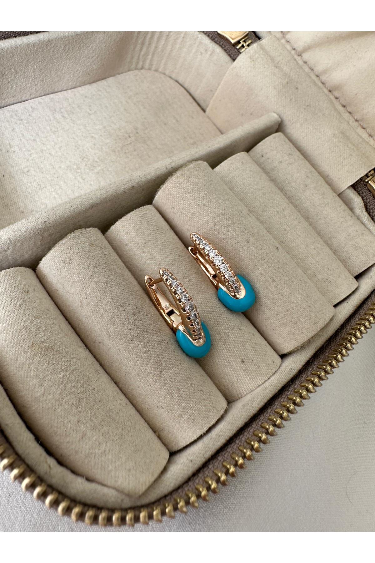 18K Rose Gold Renkli Mavi Topçuklu Lale Form Taşlı Küpe