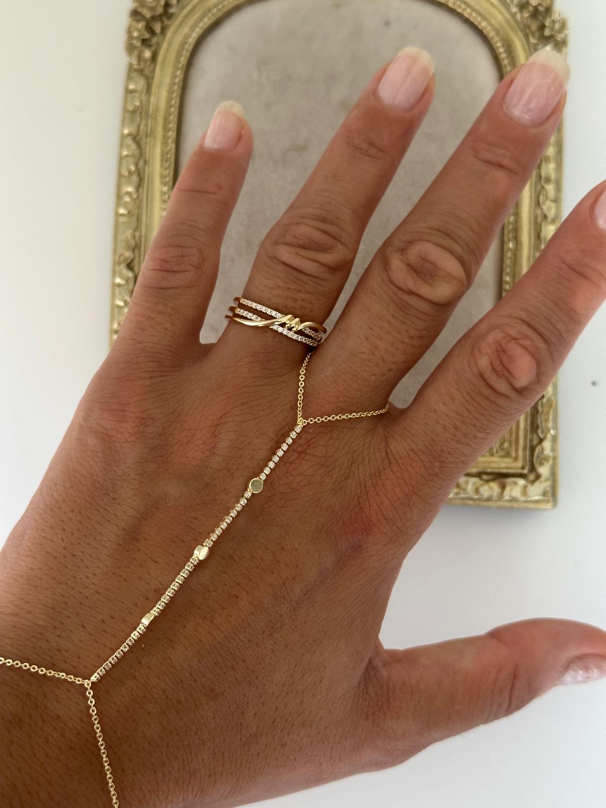 14K Gold Renkli Kuyum Ayarlanabilir Üçlü Şerit Dolama Taşlı Yüzük