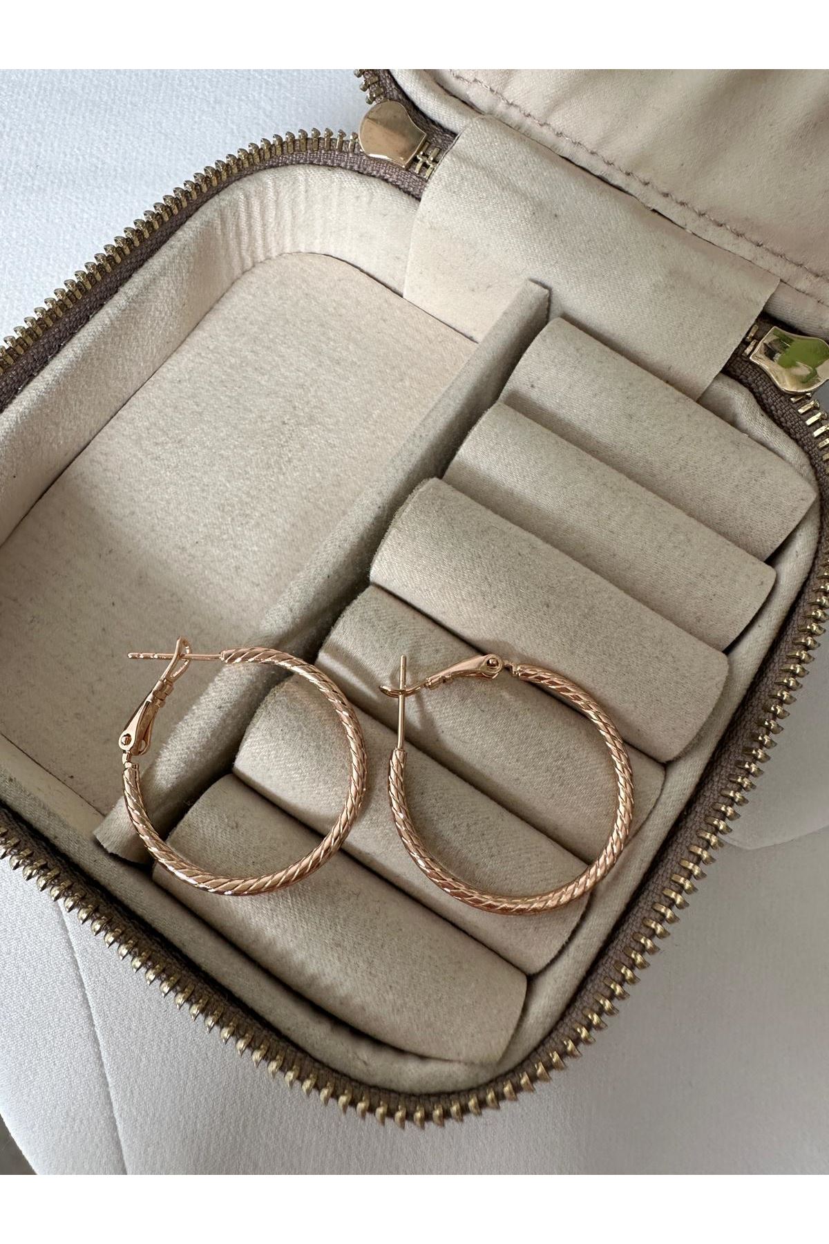 18K Rose Gold Renkli Kendinden Burgu Halka Orta Boy Küpe