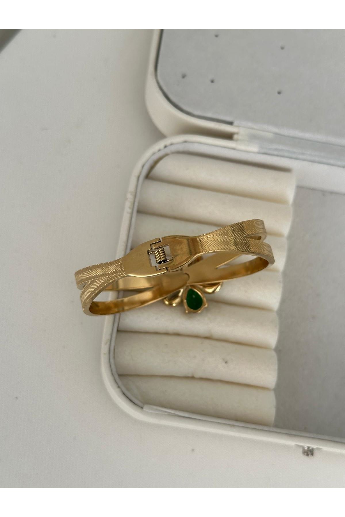 18K Rose Gold Renkli Çiçek Yeşil Taşlı İkili Kelepçe